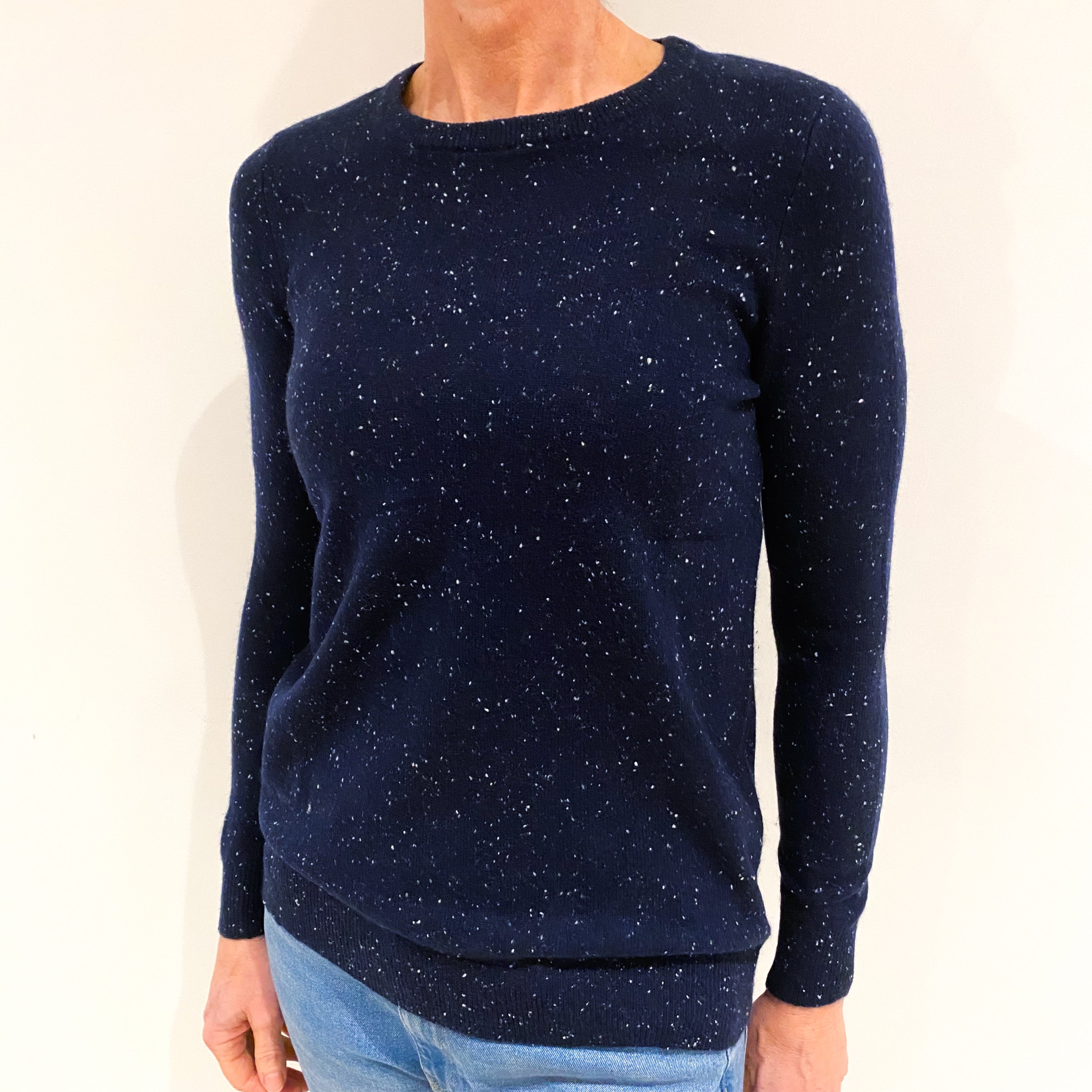 Dark Navy White Fleck Cashmere Crew Neck Jumper Small