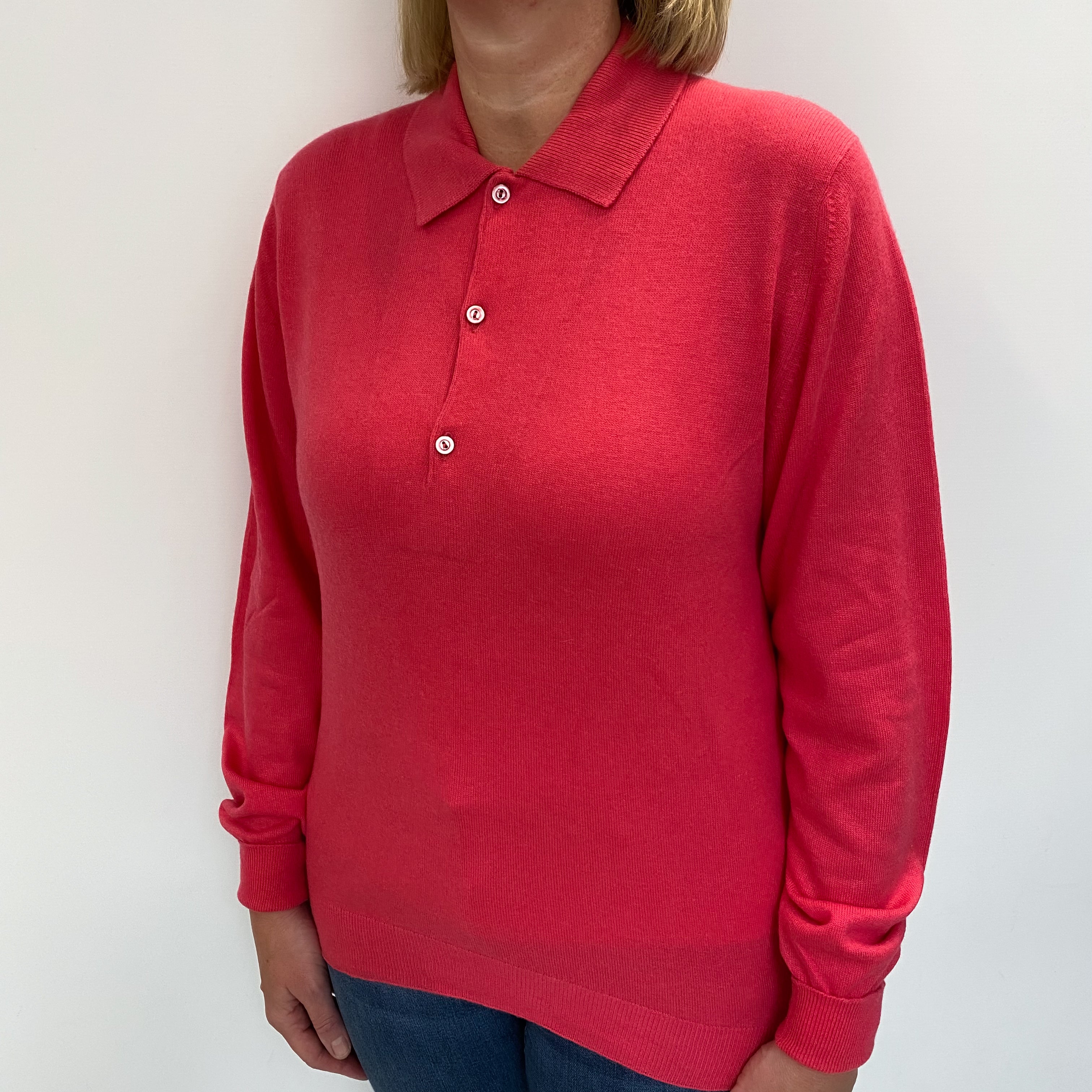 Vintage Scottish Watermelon Pink Cashmere Collared Button up V Neck Jumper Large