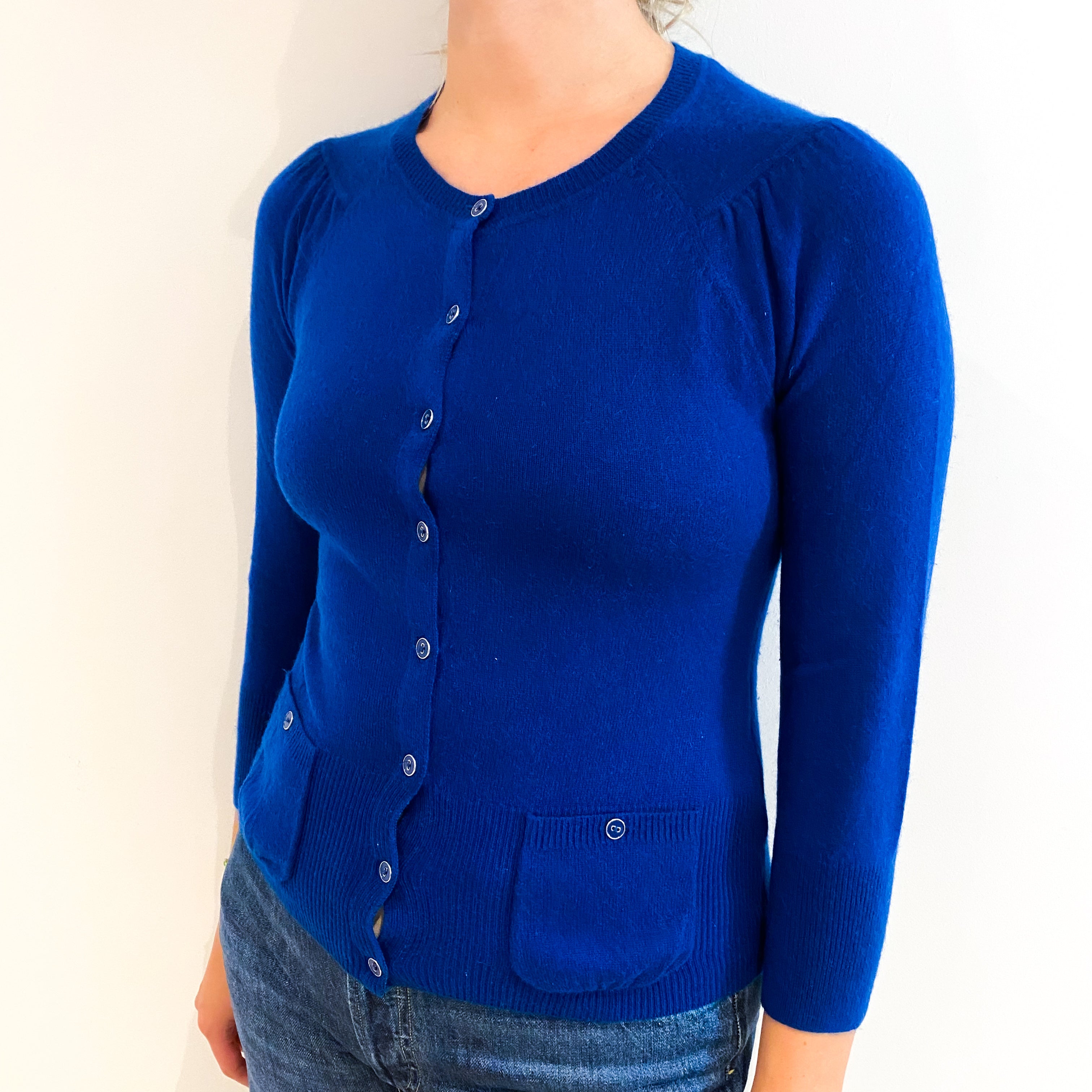 Admiral Blue Cashmere Crew Neck Cardigan with Pockets Small