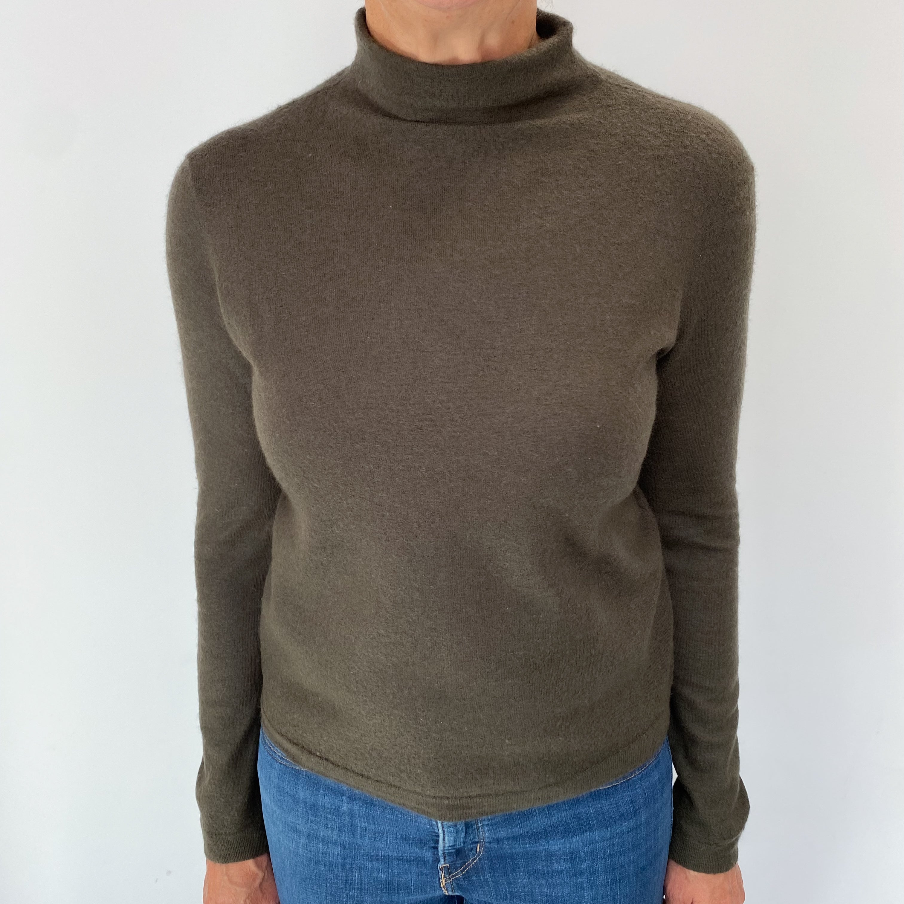 Deep Khaki Green Cashmere Turtle Neck Jumper Medium