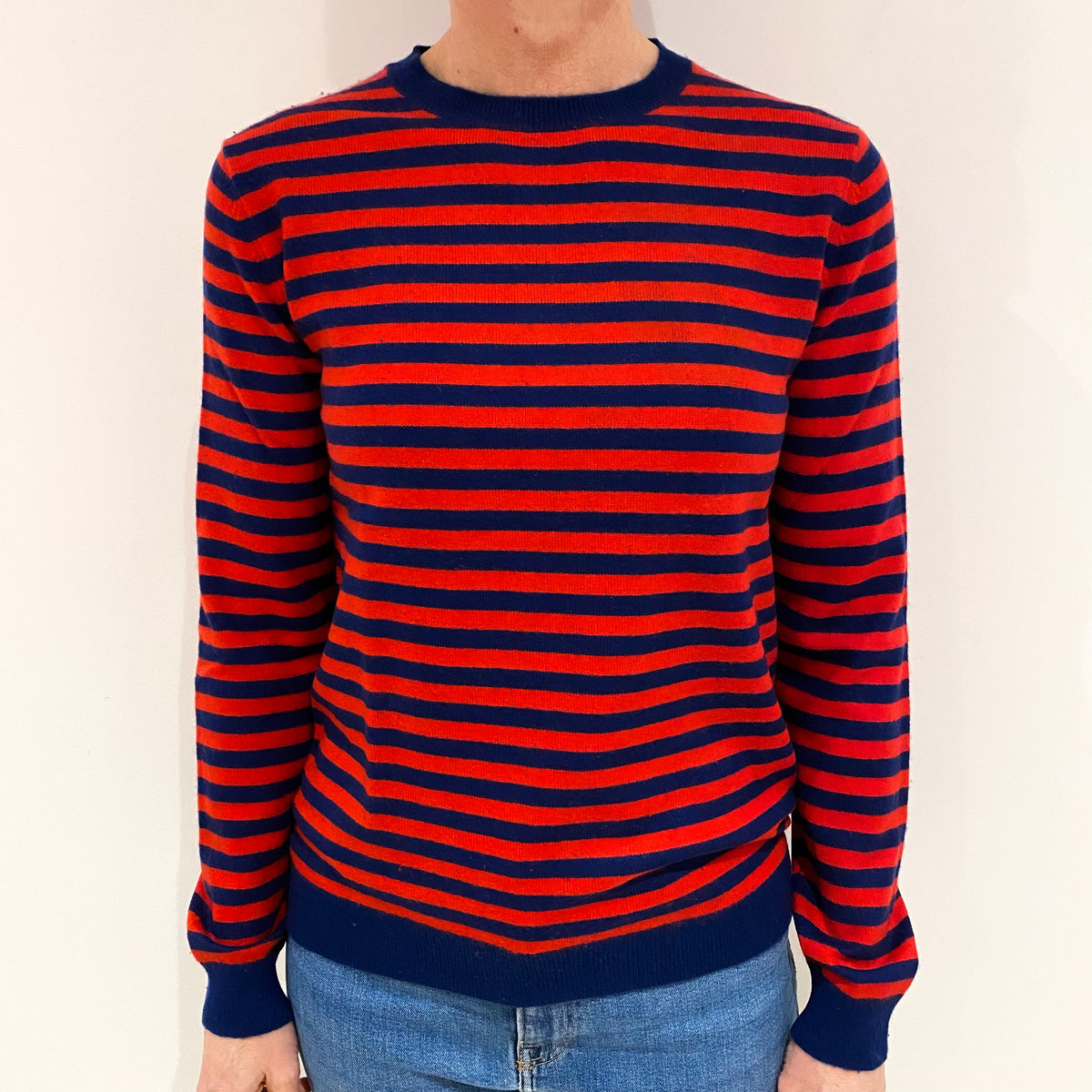 Navy Scarlet Red Stripe Cashmere Crew Neck Jumper Small