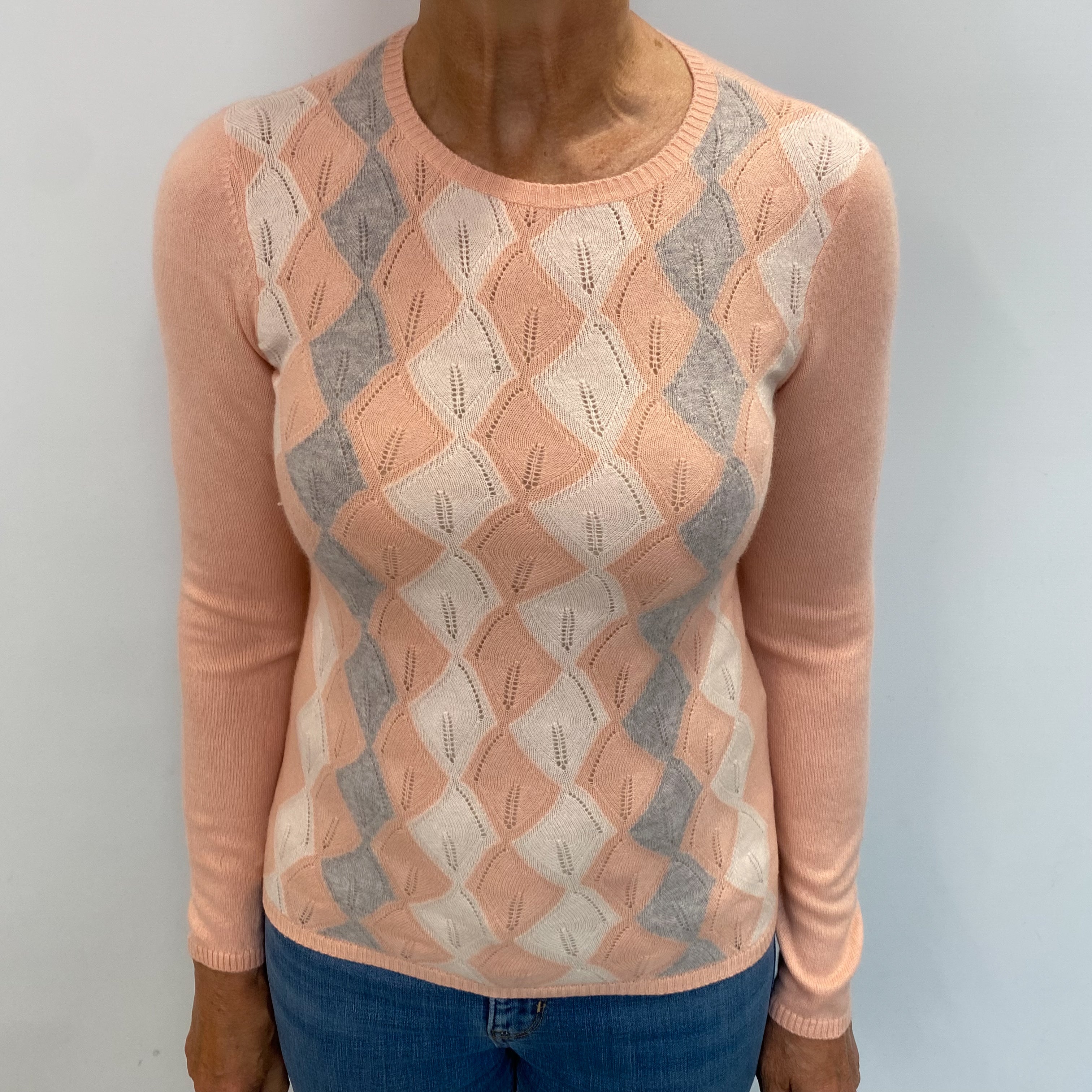 Peach Pink Patterned Cashmere Crew Neck Jumper Medium