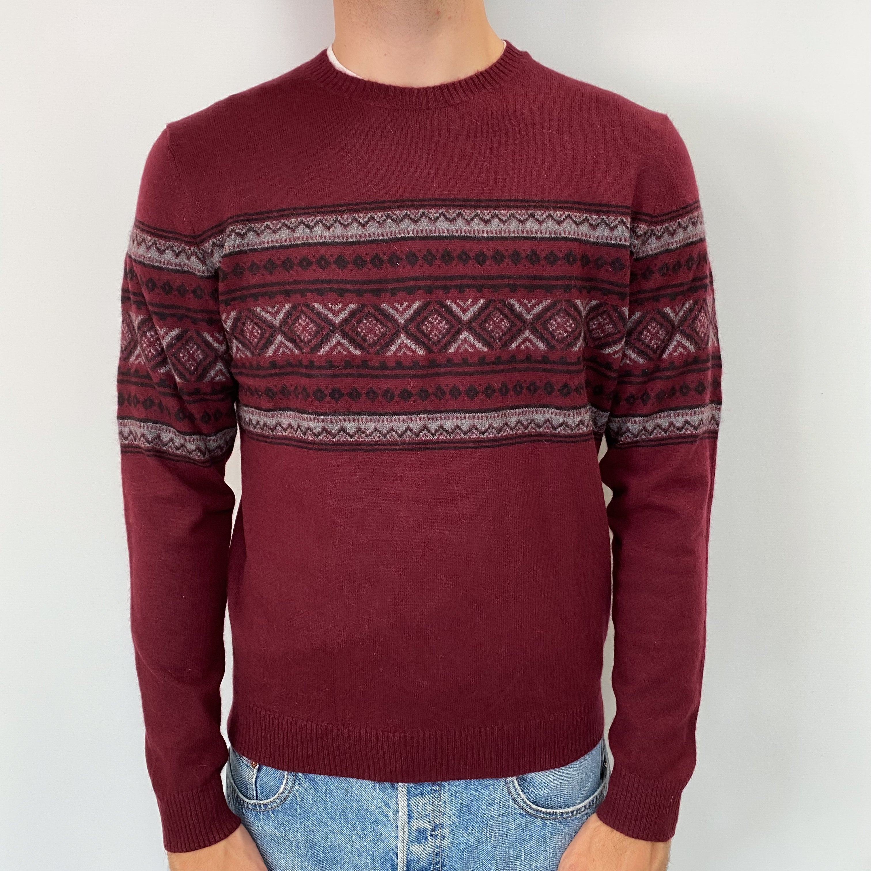 Men's Burgundy Fair Isle Design Cashmere Crew Neck Jumper Medium