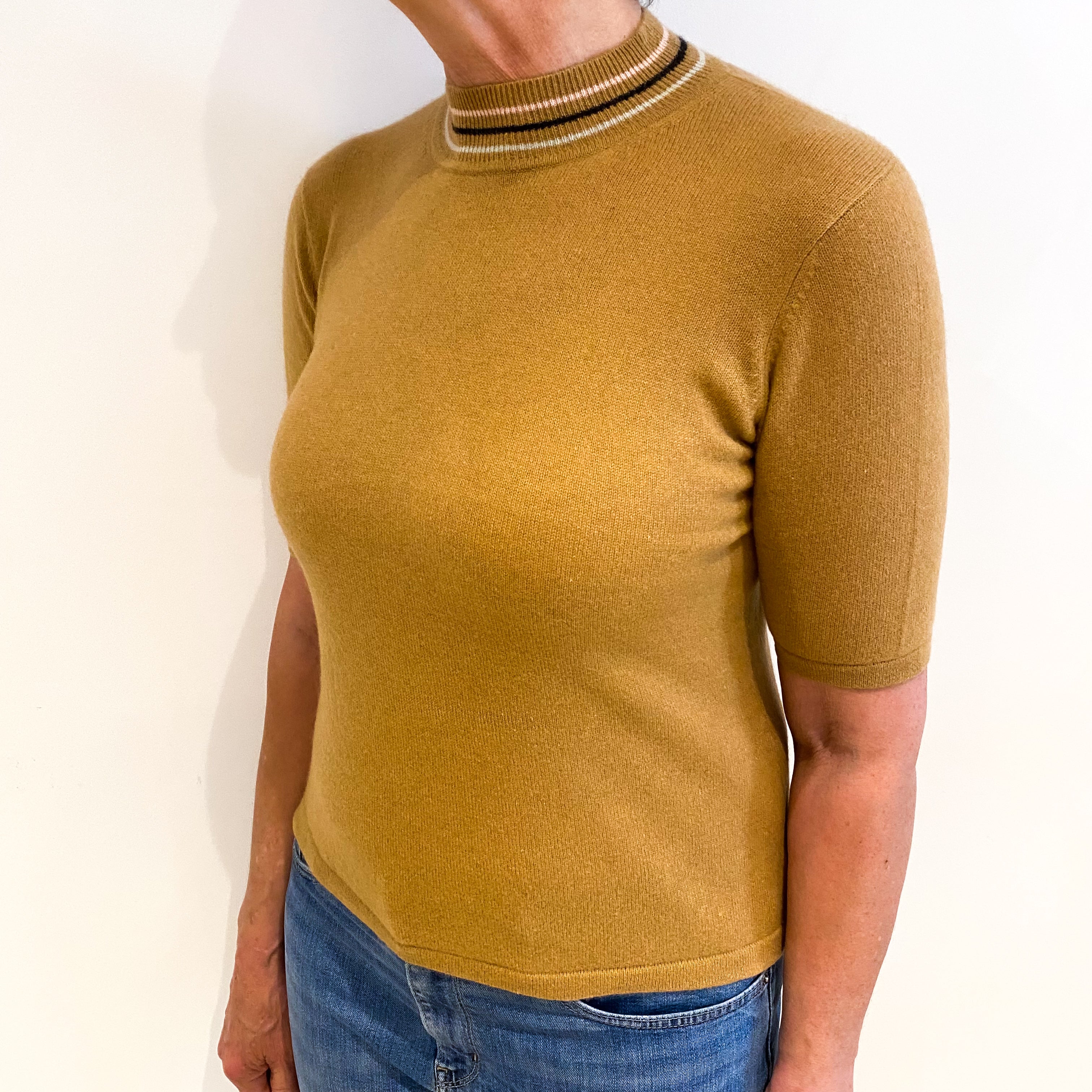 Butterscotch Brown Cashmere Polo Neck Short Sleeved Jumper Medium