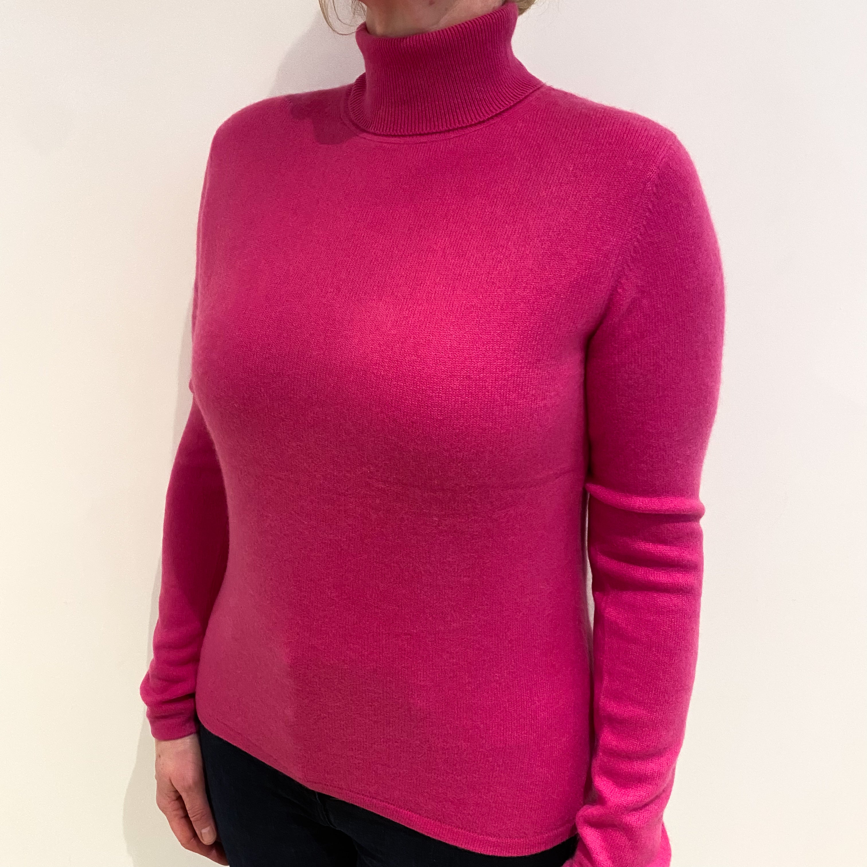 Fuchsia Pink Cashmere Polo Neck Jumper Large