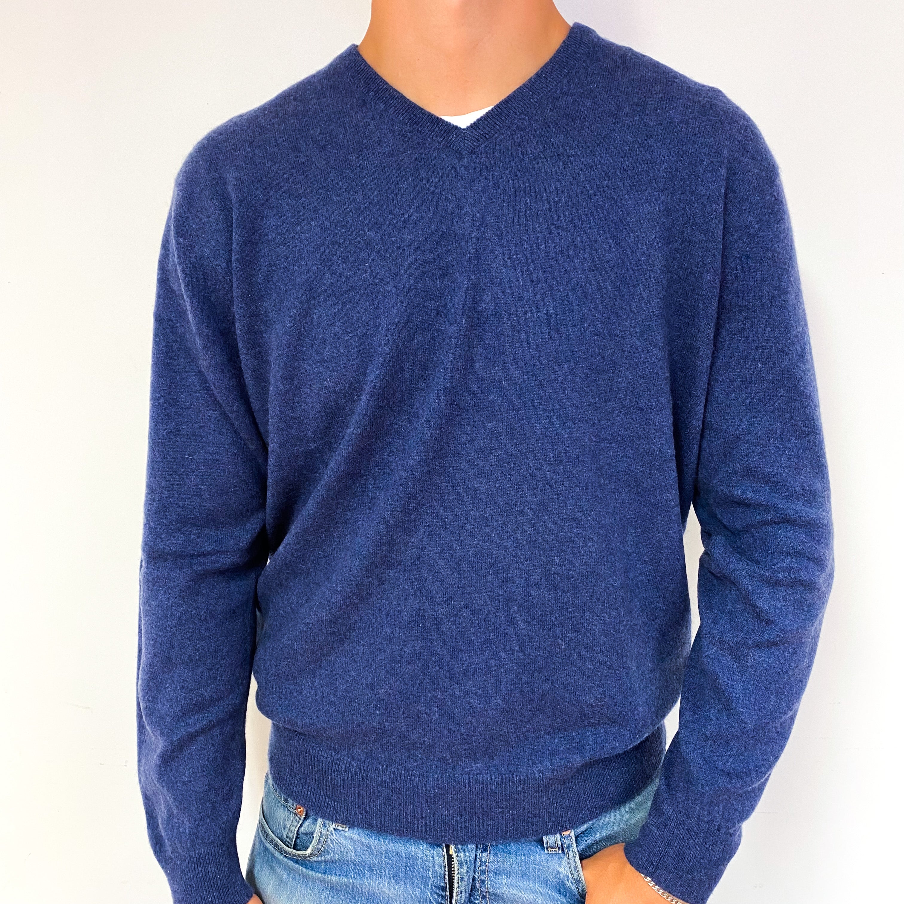 Men's Naval Blue Cashmere V-Neck Jumper Extra Extra Large