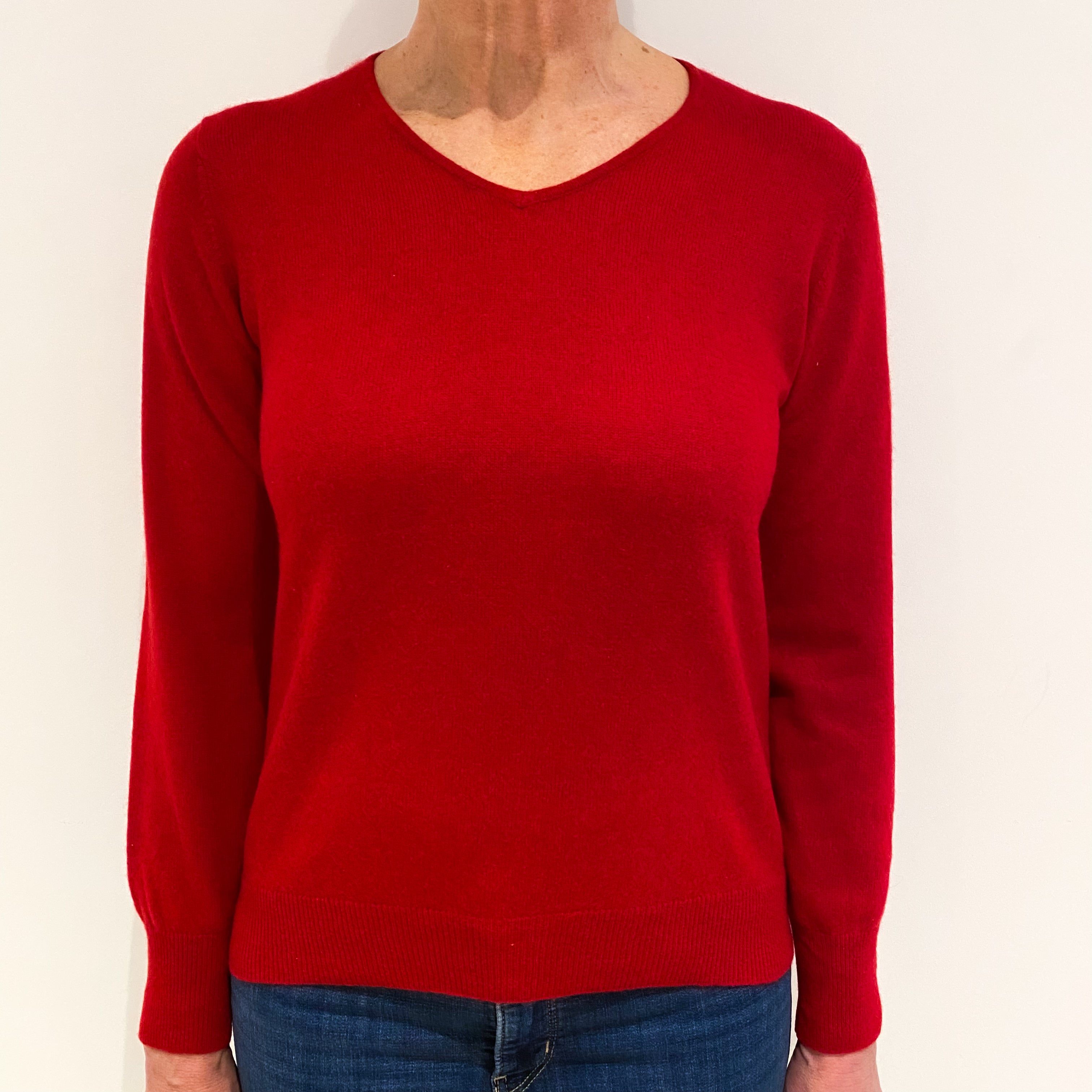 Post Box Red Cashmere V Neck Jumper Medium