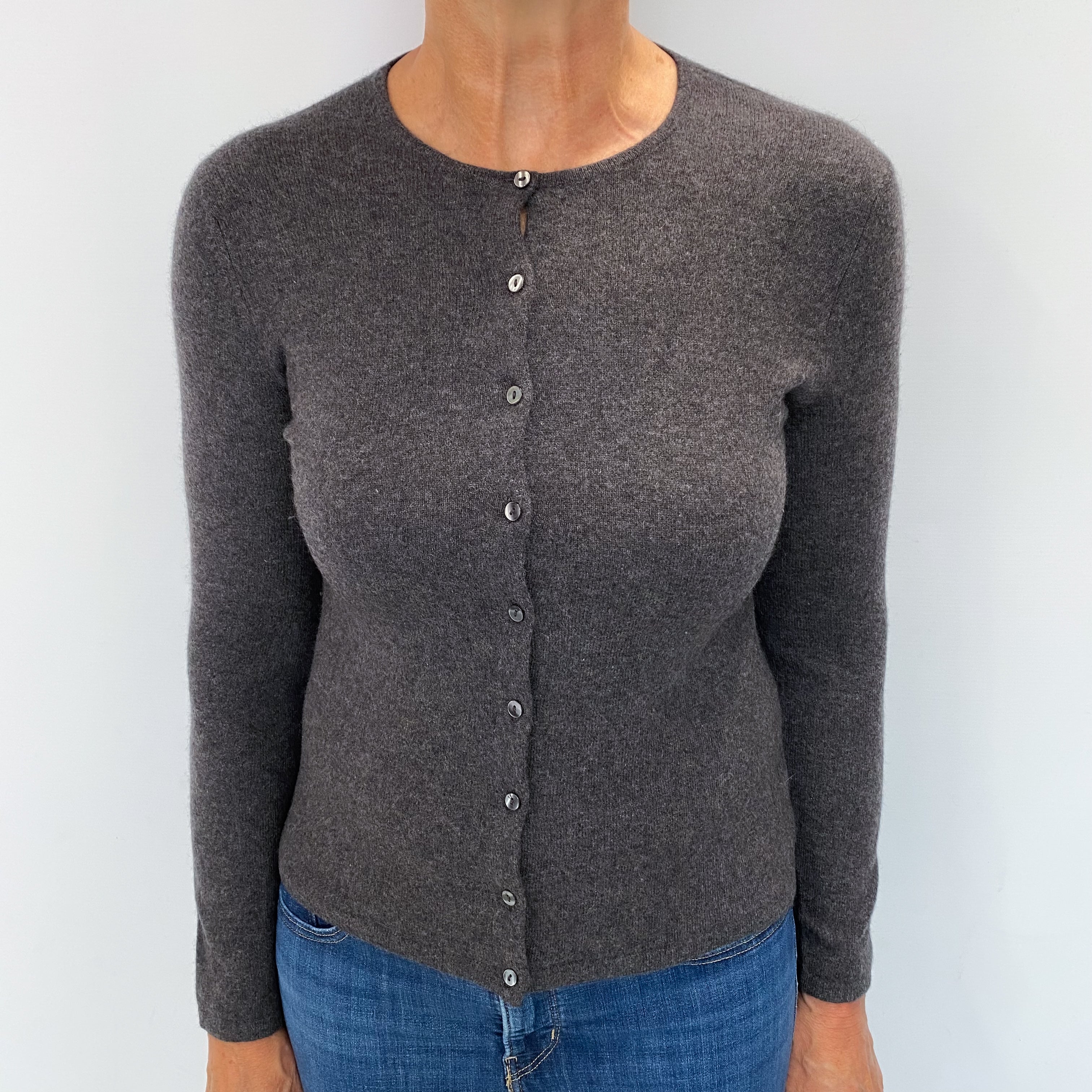 Charcoal Grey Cashmere Crew Neck Cardigan Medium