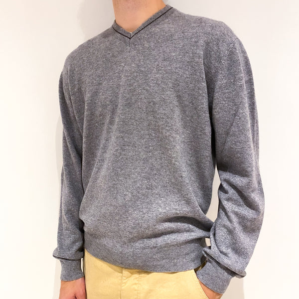 Men's Ash Grey Elbow Patch Cashmere V-Neck Jumper Large