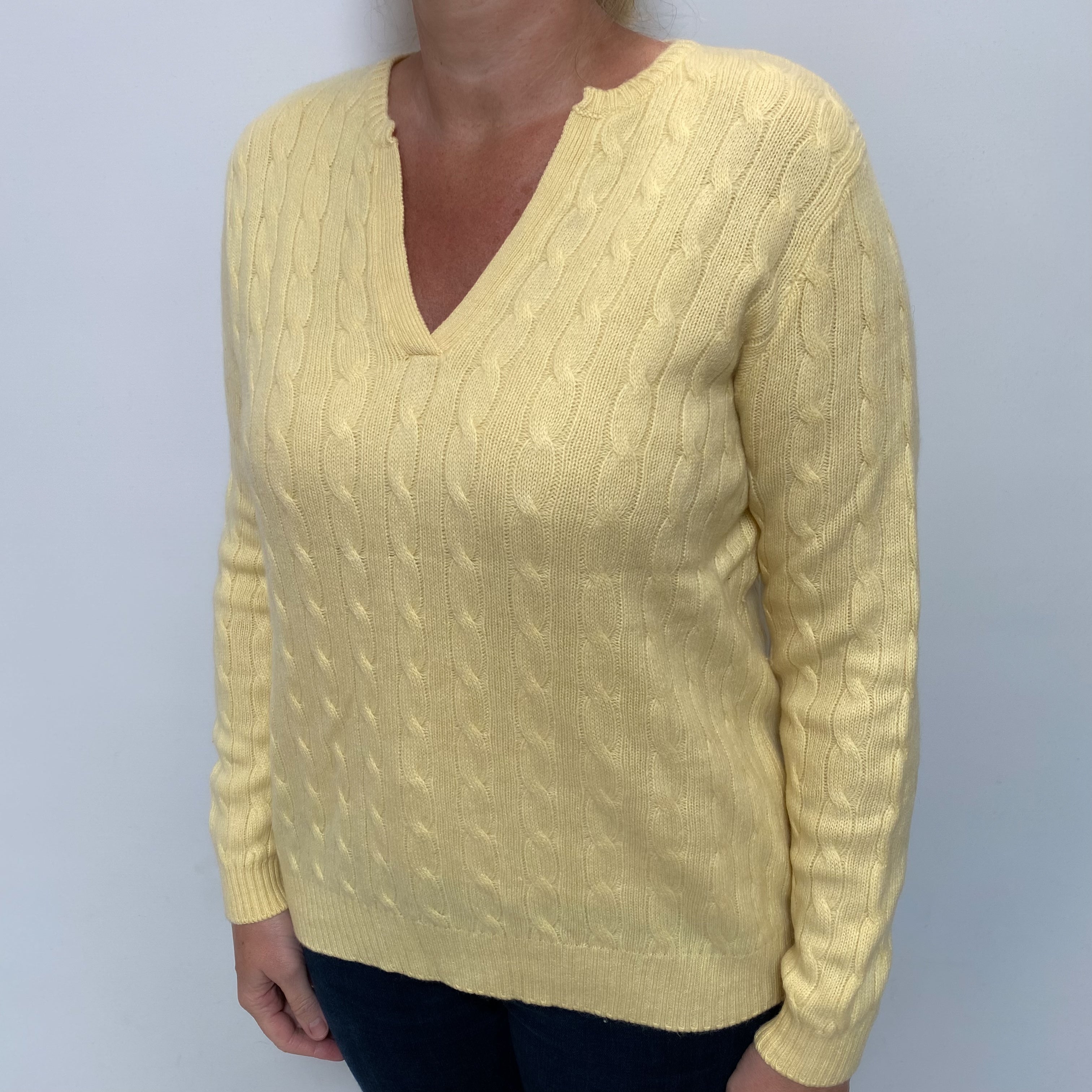 Primrose Yellow Cable Cashmere Notch Neck Jumper Large