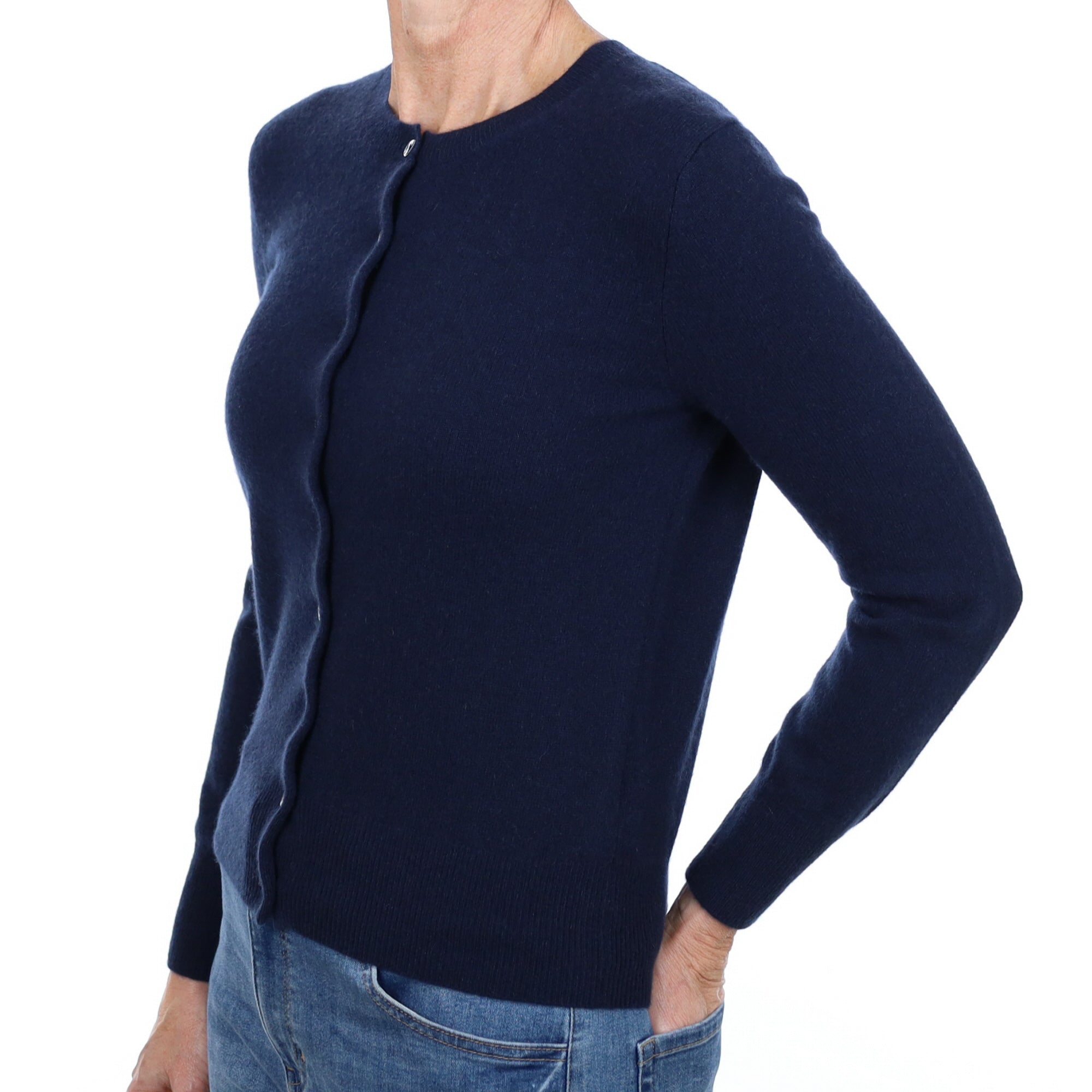 New Navy Blue Cashmere Crew Neck Cardigan Small
