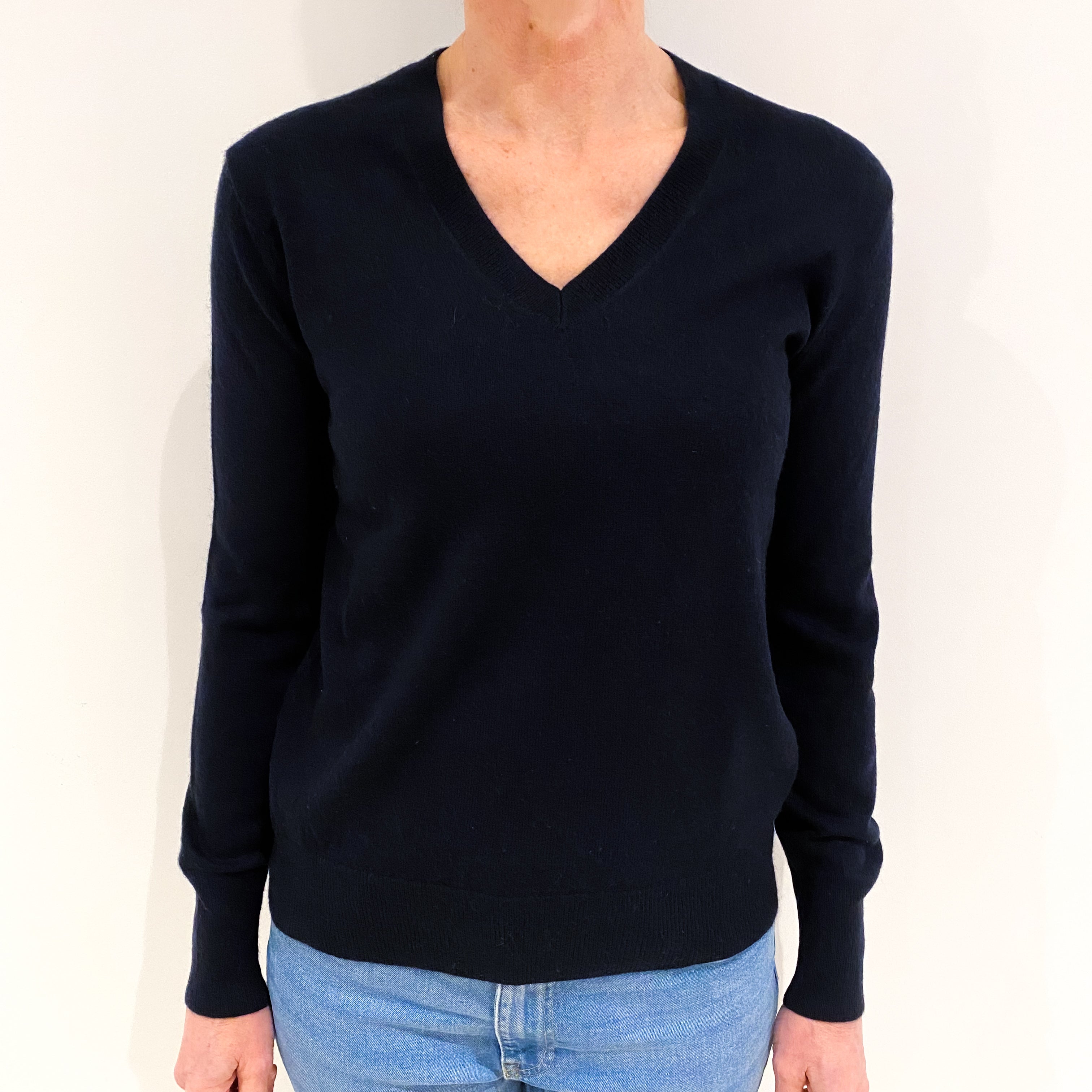 Navy Blue Cashmere V Neck Jumper Small