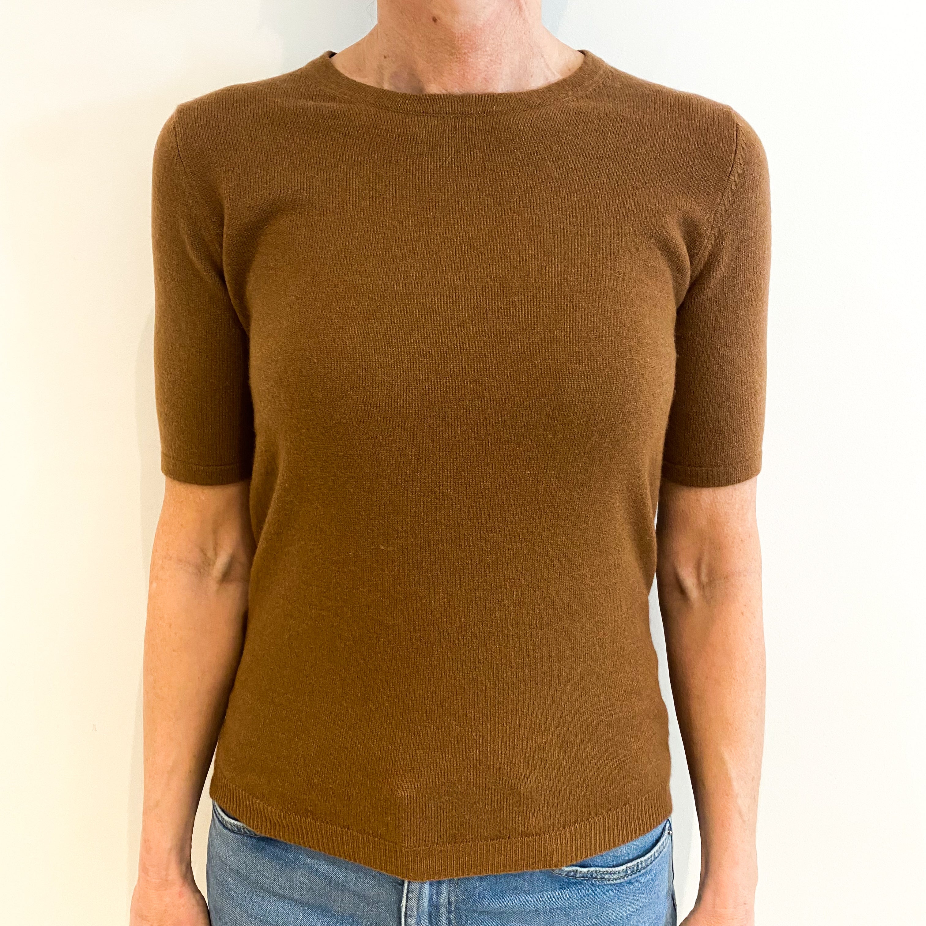 Cinnamon Brown Cashmere Crew Neck Short Sleeved Jumper Small