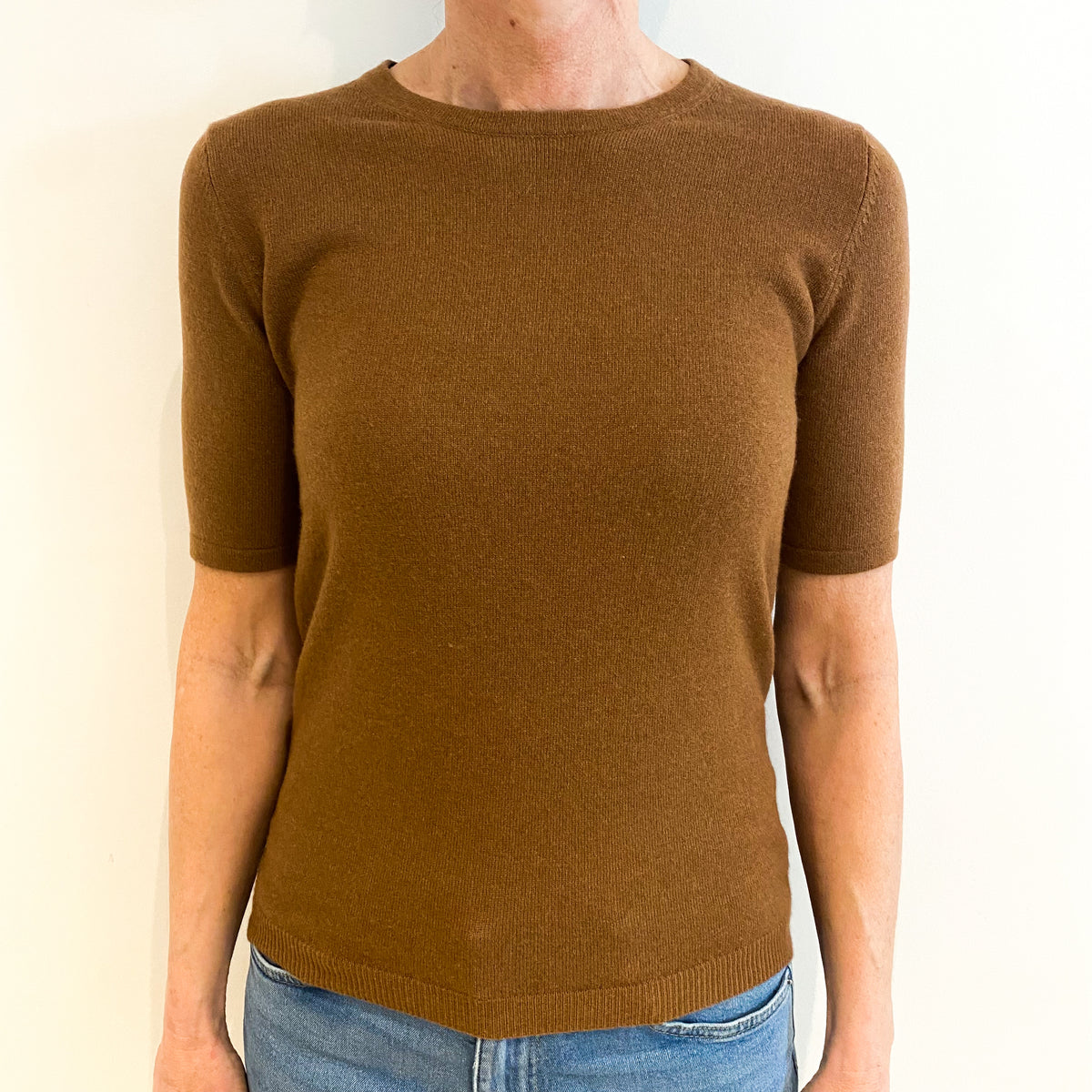 Cinnamon Brown Cashmere Crew Neck Short Sleeved Jumper Small