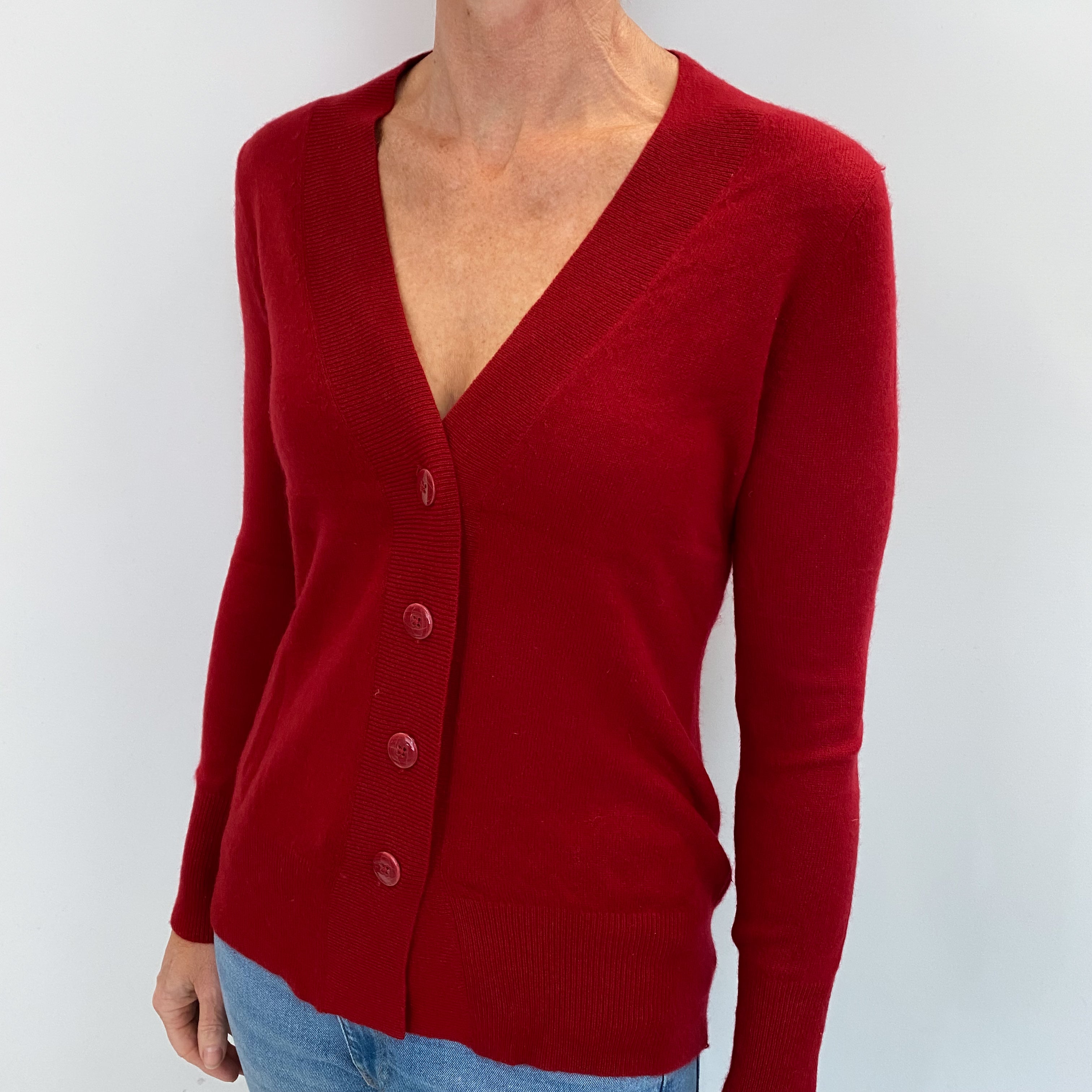 Post Box Red Cashmere V Neck Cardigan Small