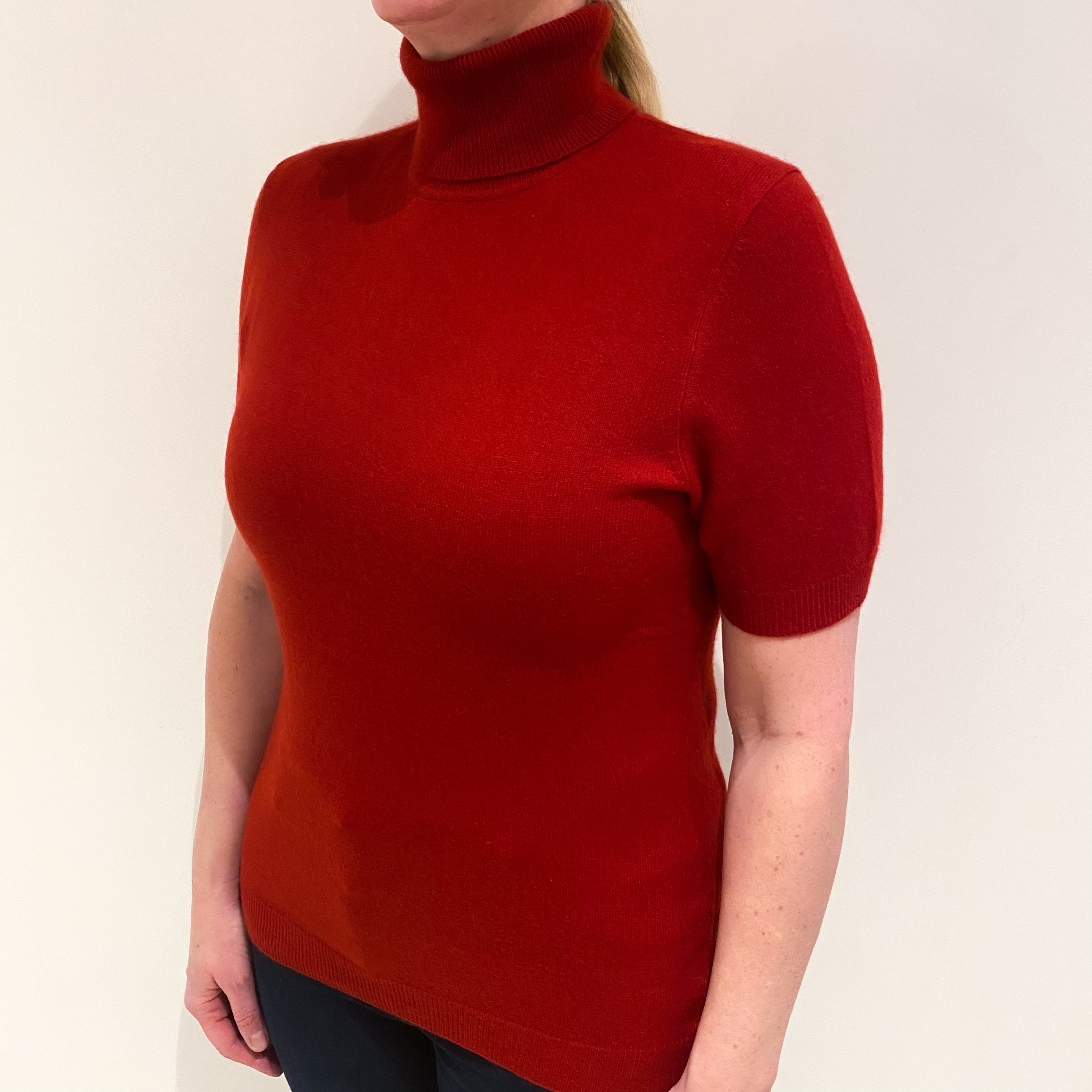 Postbox Red Cashmere Short Sleeved Polo Neck Jumper Large