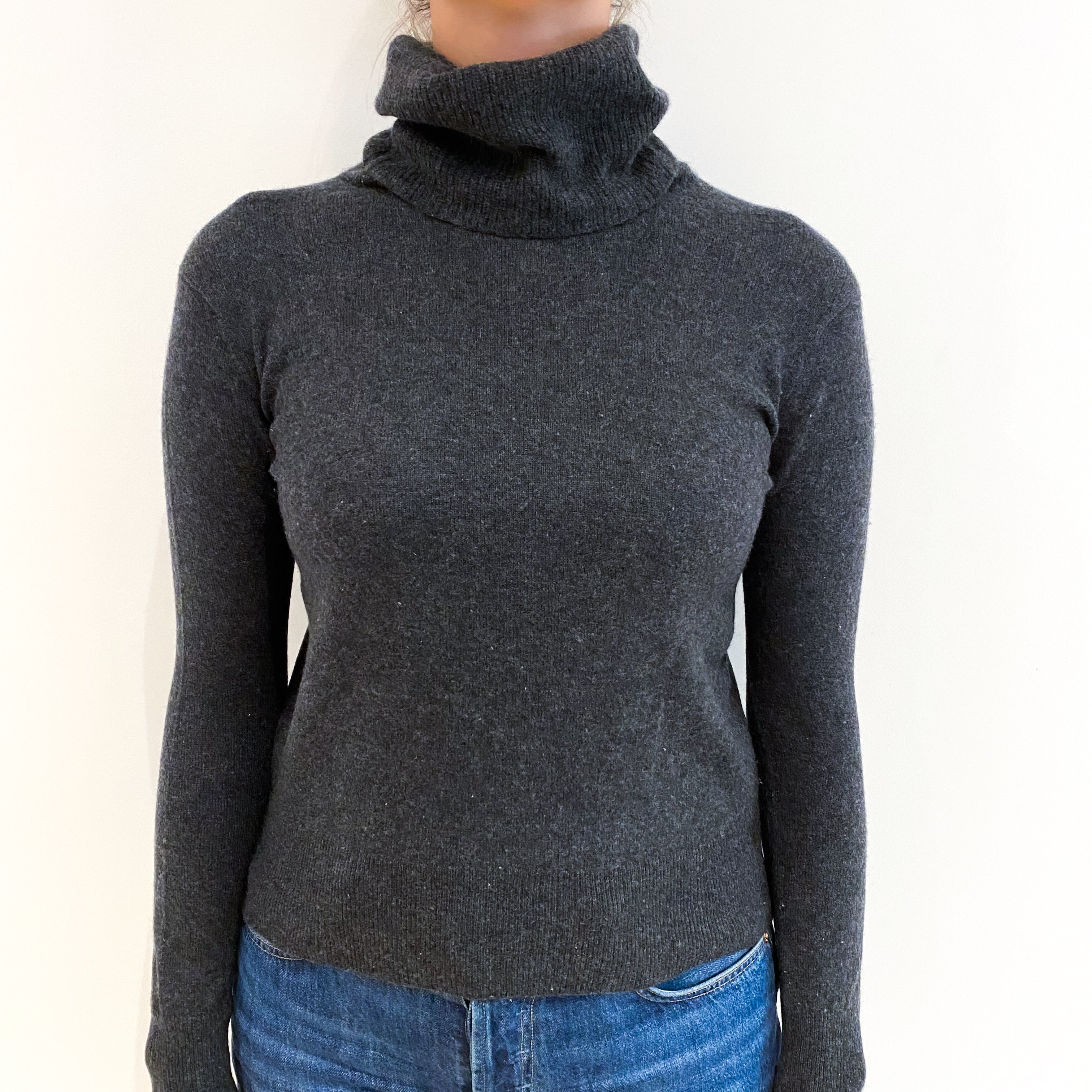 Charcoal Grey Cashmere Slouchy Polo Neck Jumper Small