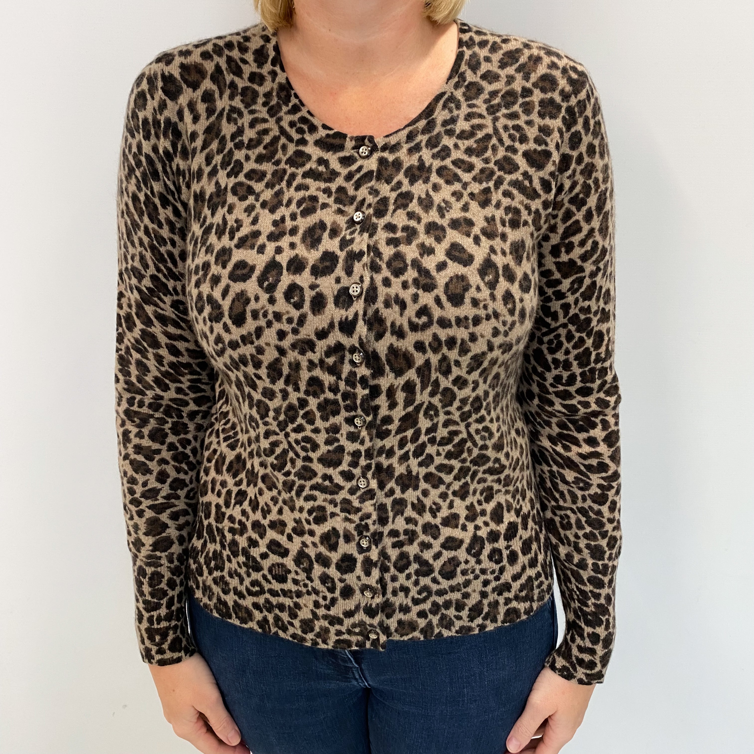 Caramel Animal Print Cashmere Crew Neck Cardigan Large