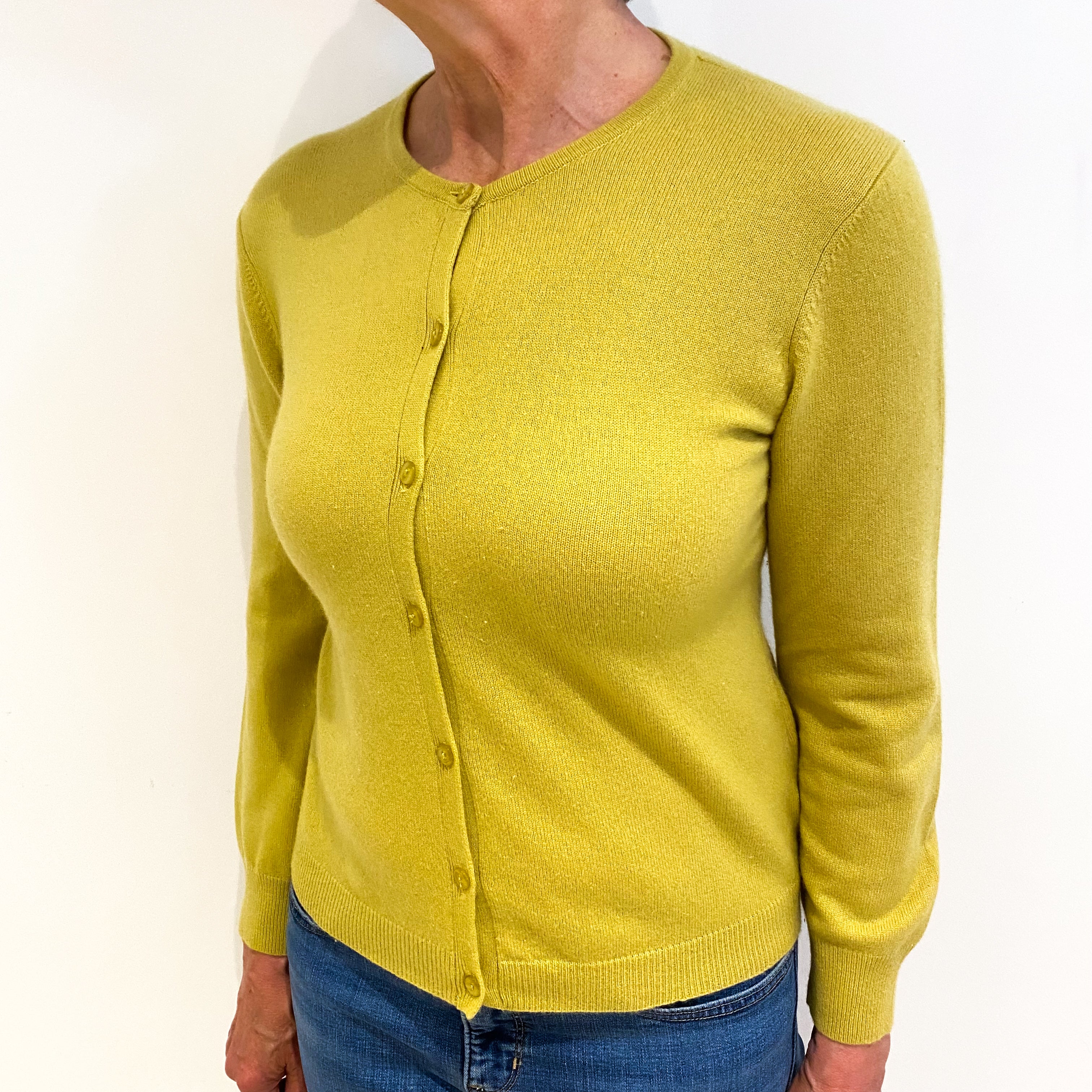 Flaxen Yellow Cashmere Crew Neck Cardigan Medium