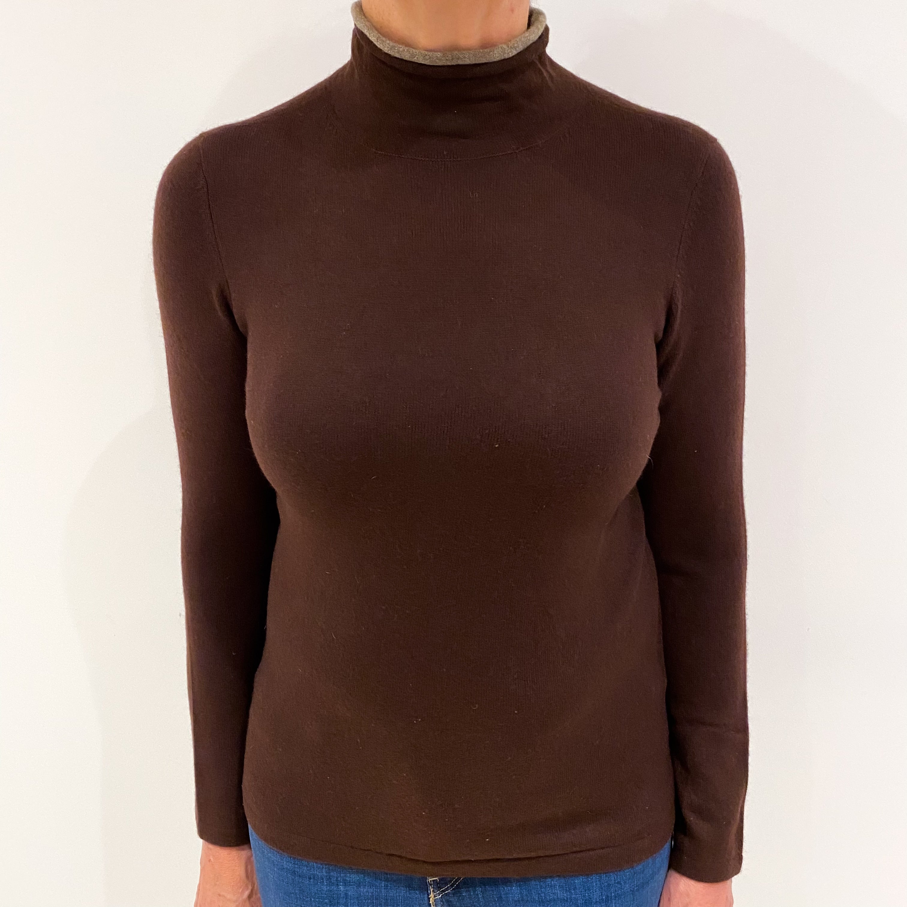 Chocolate Brown Cashmere Funnel Neck Jumper Medium
