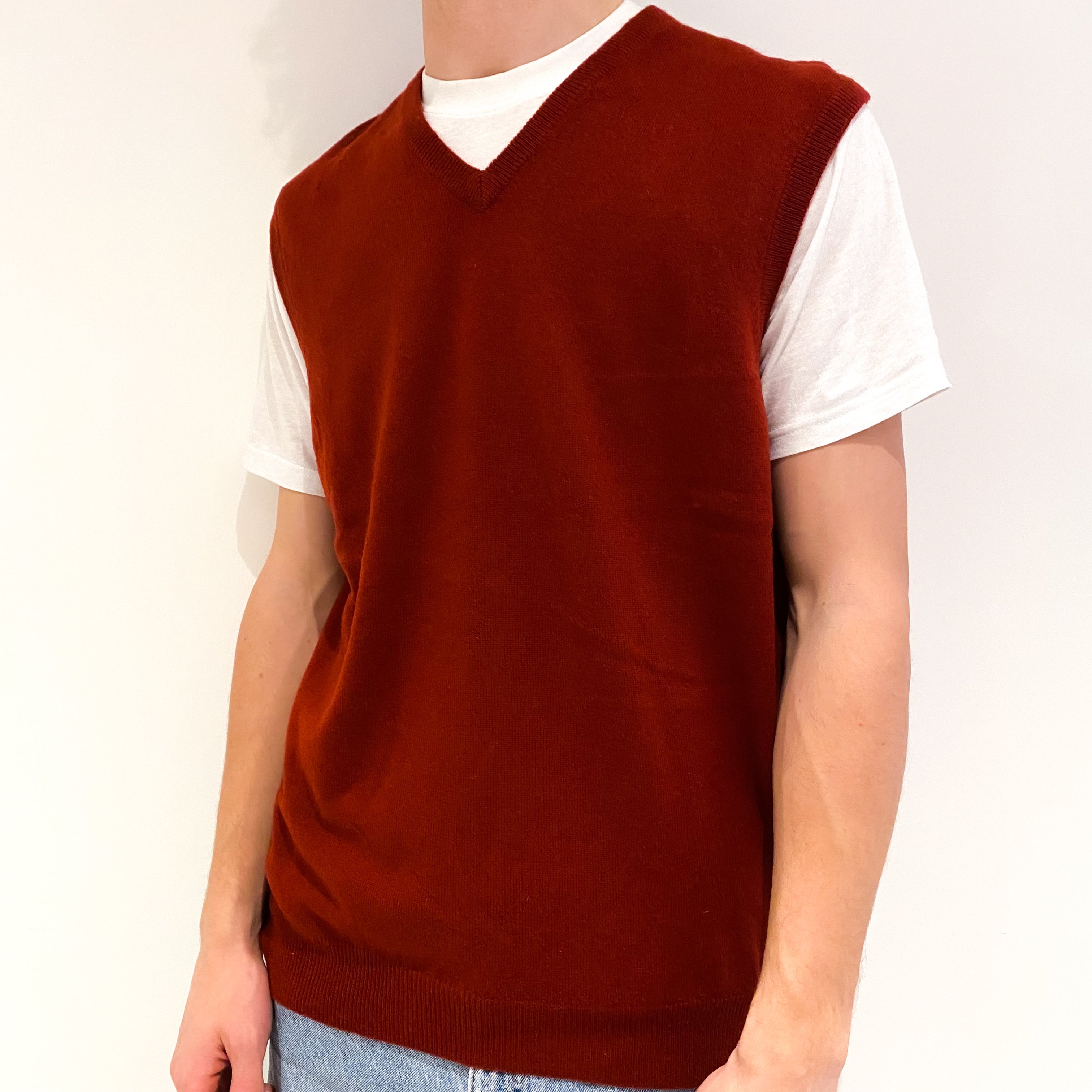 Men's Maroon Red Cashmere V-Neck Tank Top Large