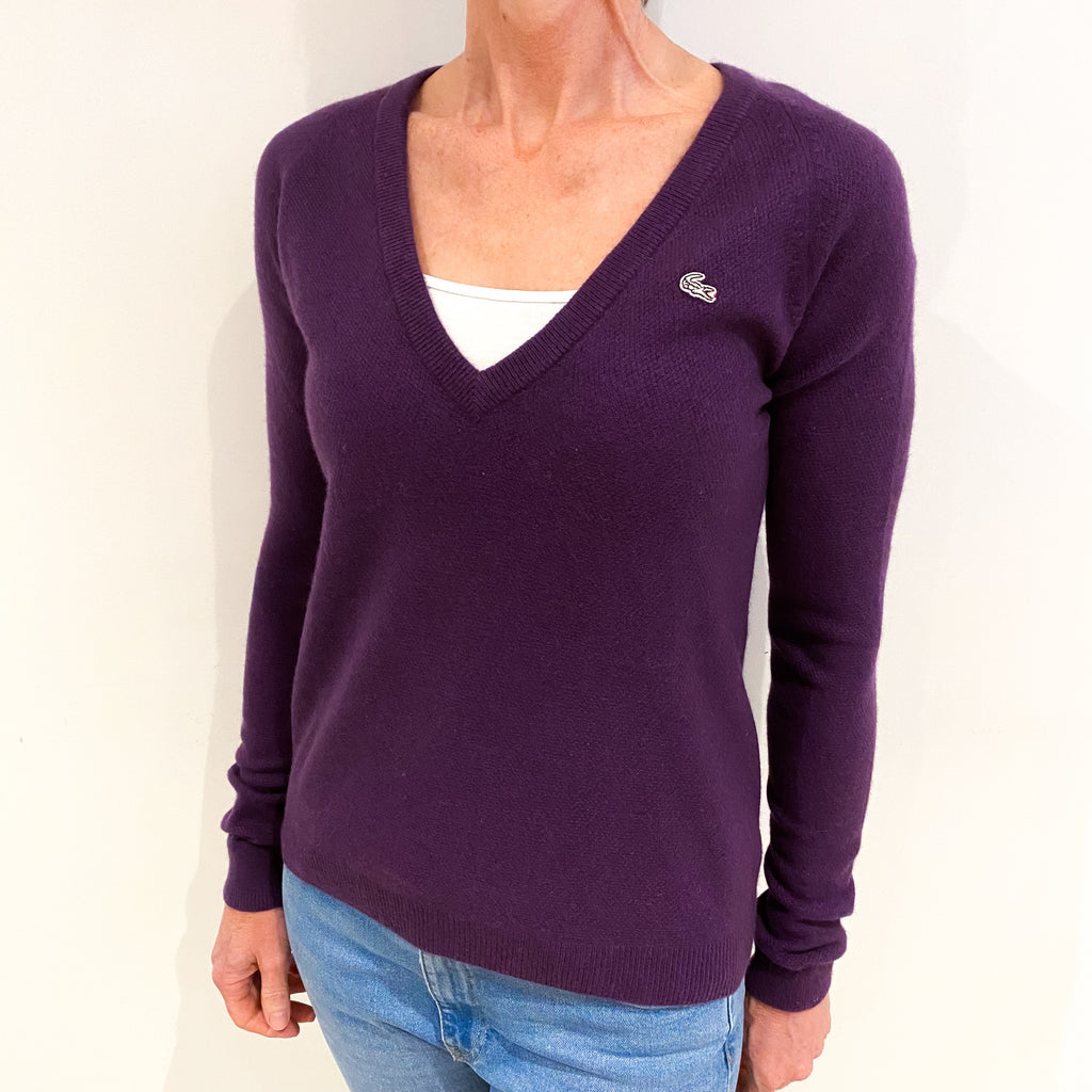 Lacoste Grape Purple Cashmere V Neck Jumper Small