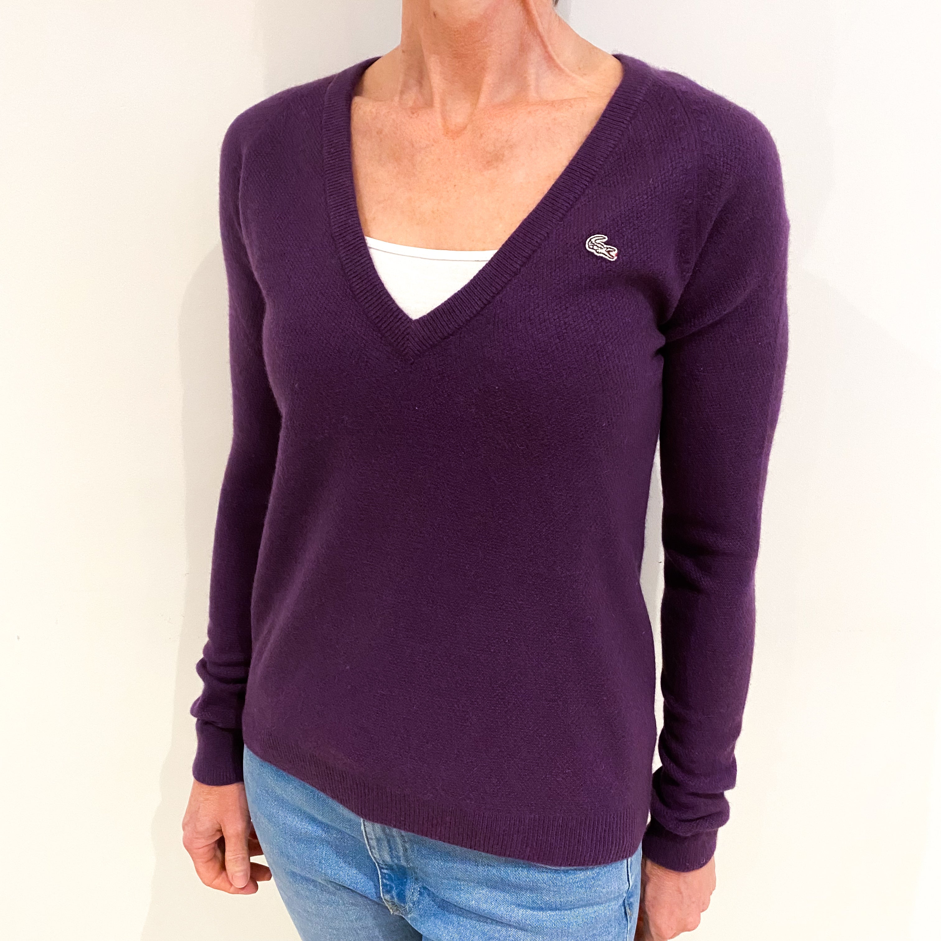 Lacoste Grape Purple Cashmere V Neck Jumper Small