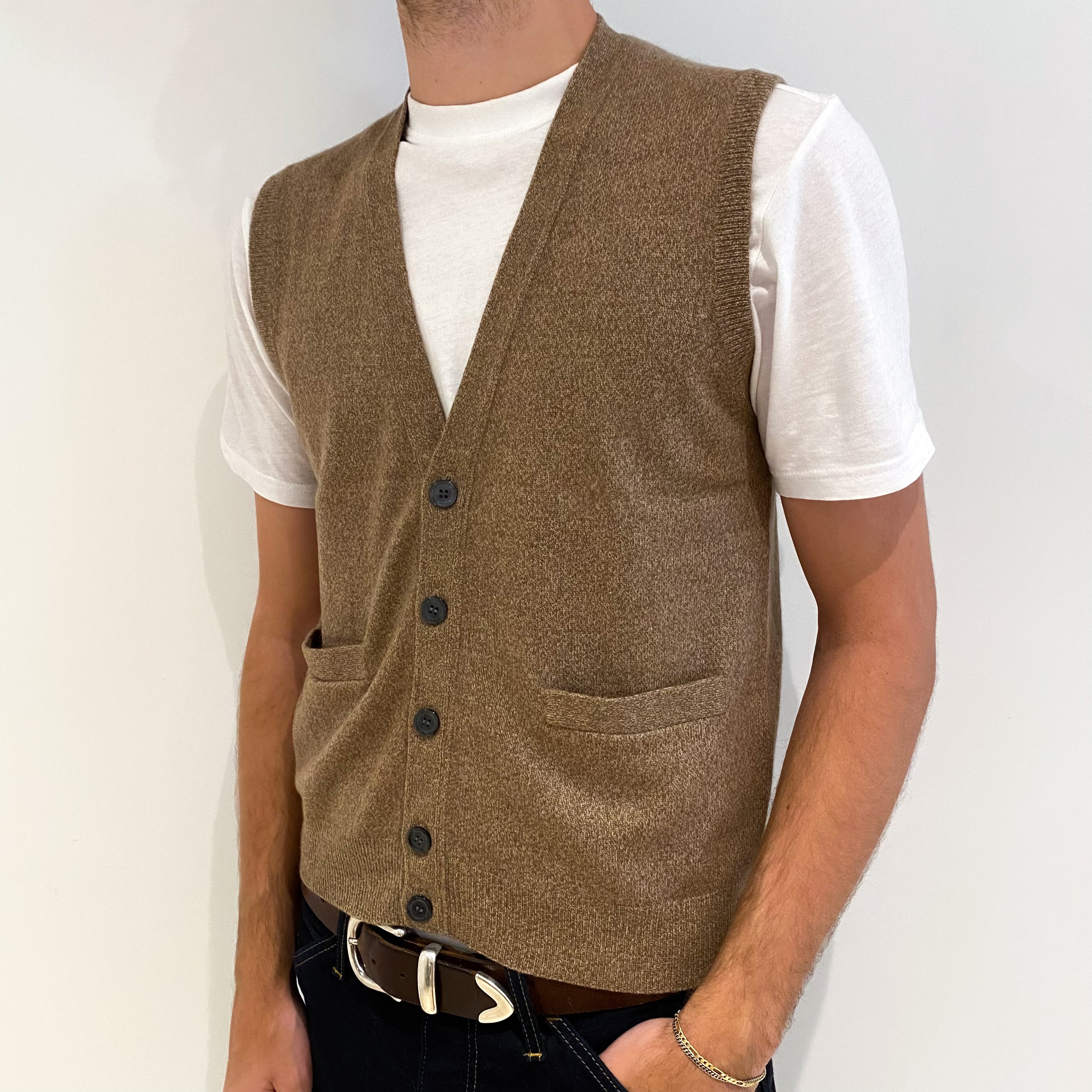 Men's Camel Brown Marl Cashmere V-Neck Gilet Medium