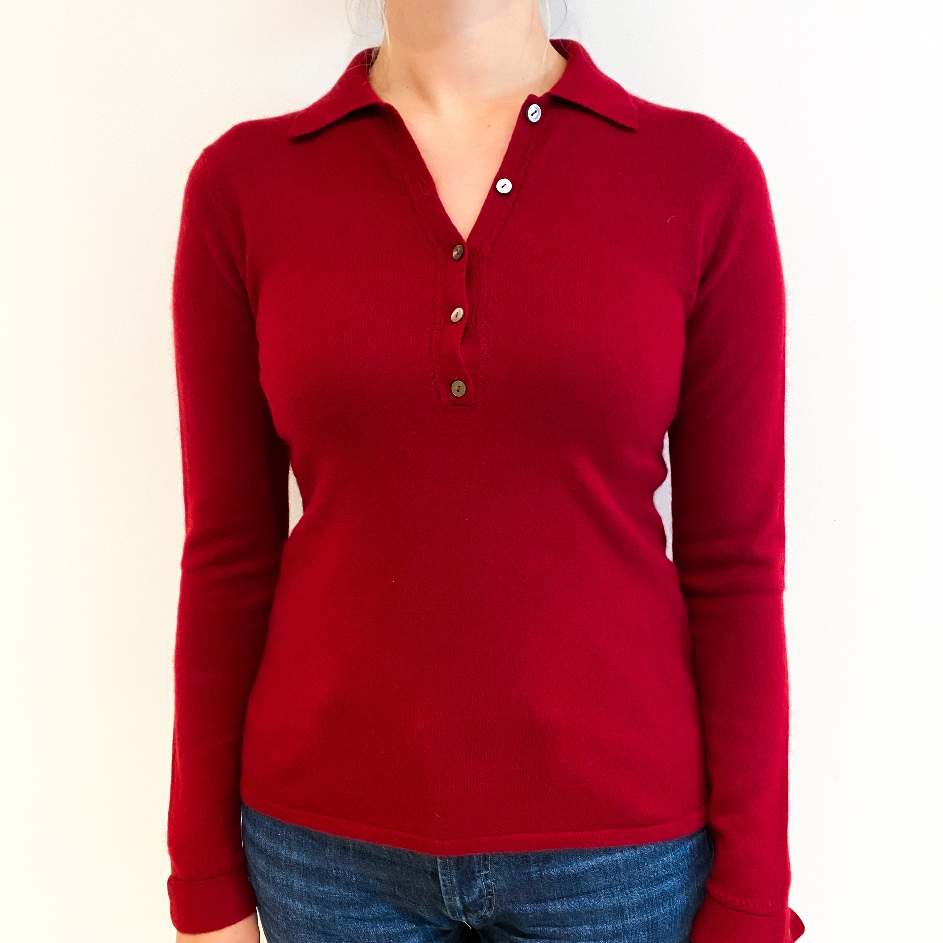 Crimson Red Cashmere Collared 1/4 Button Jumper Small