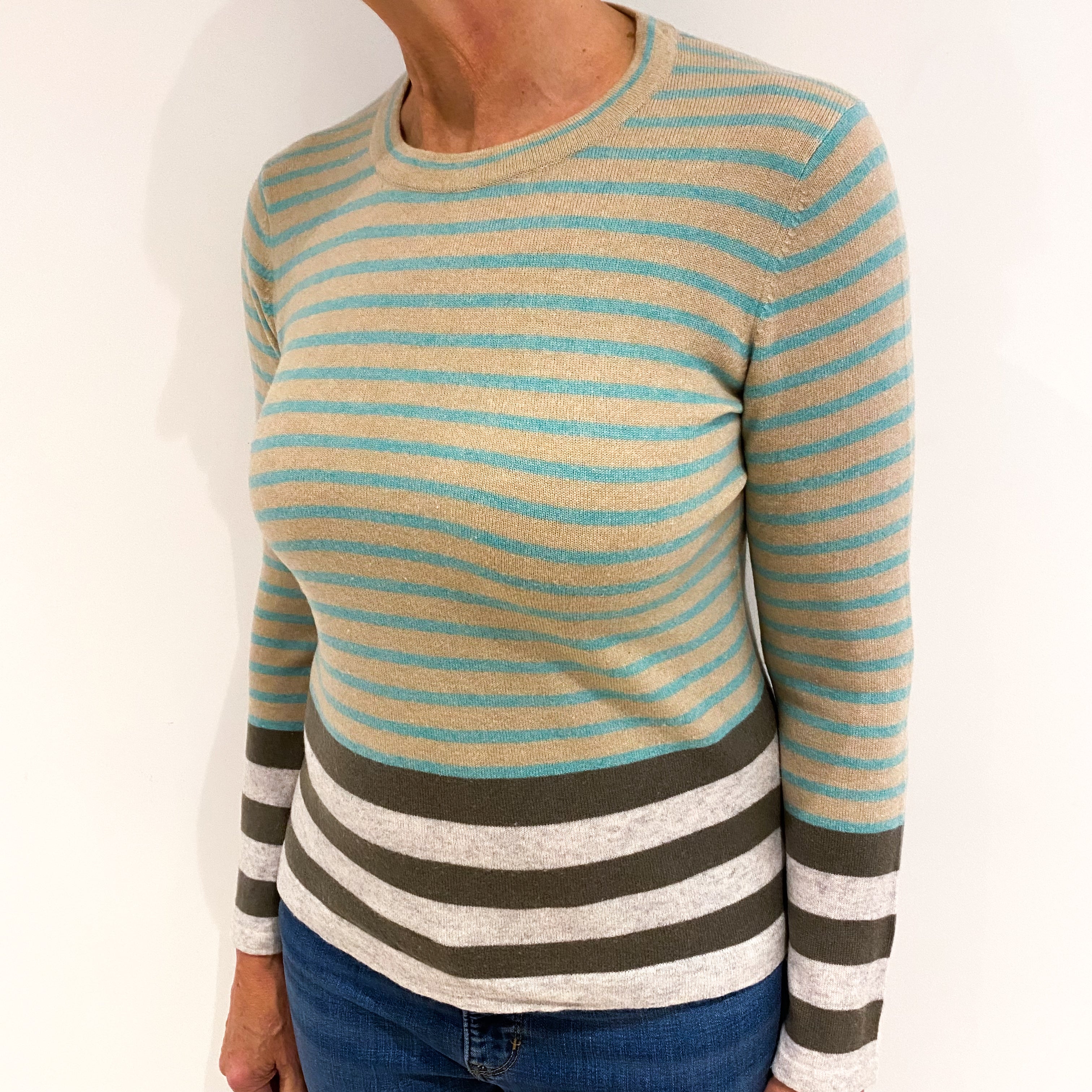 Brown and Green Striped Cashmere Crew Neck Jumper Medium