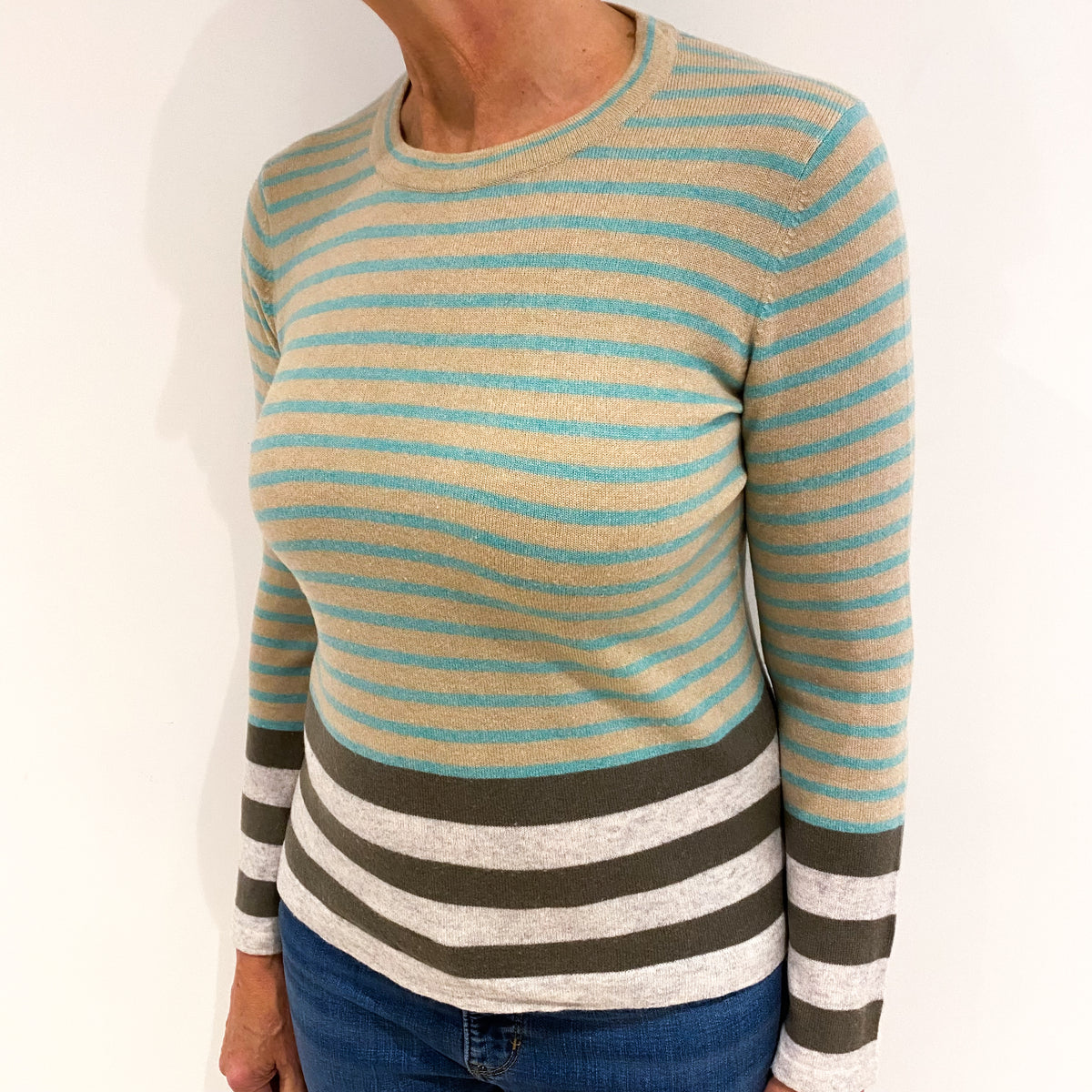 Brown and Green Striped Cashmere Crew Neck Jumper Medium