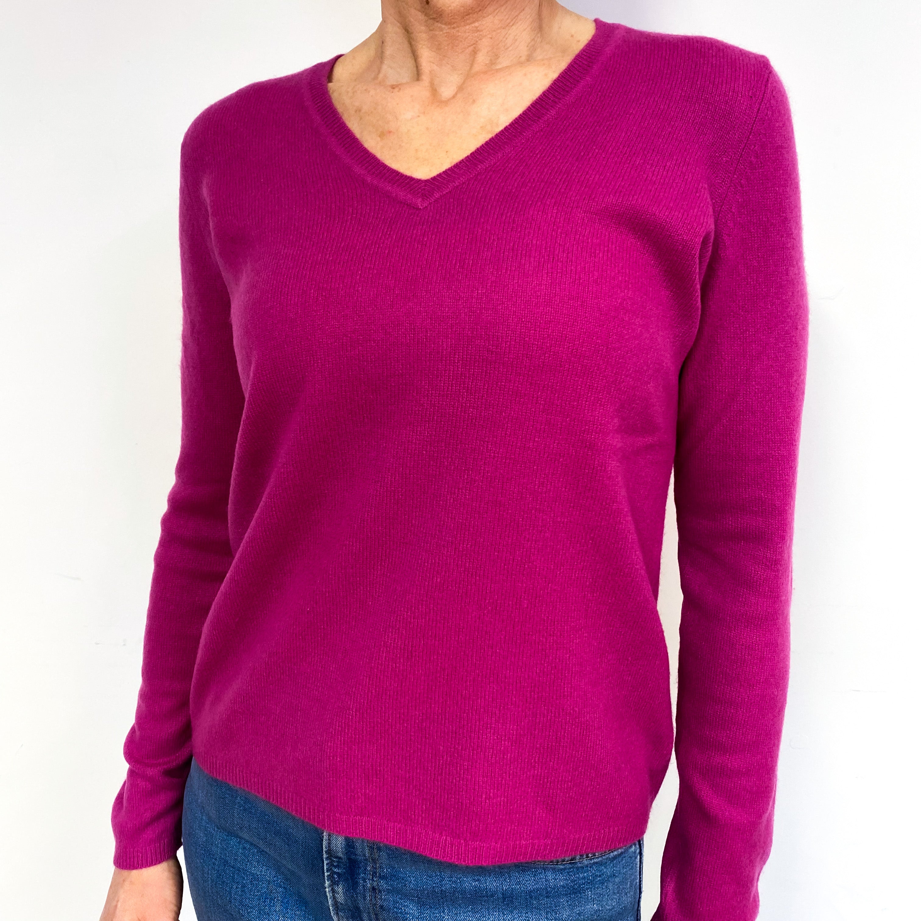 Fuchsia Pink Cashmere V-Neck Jumper Medium