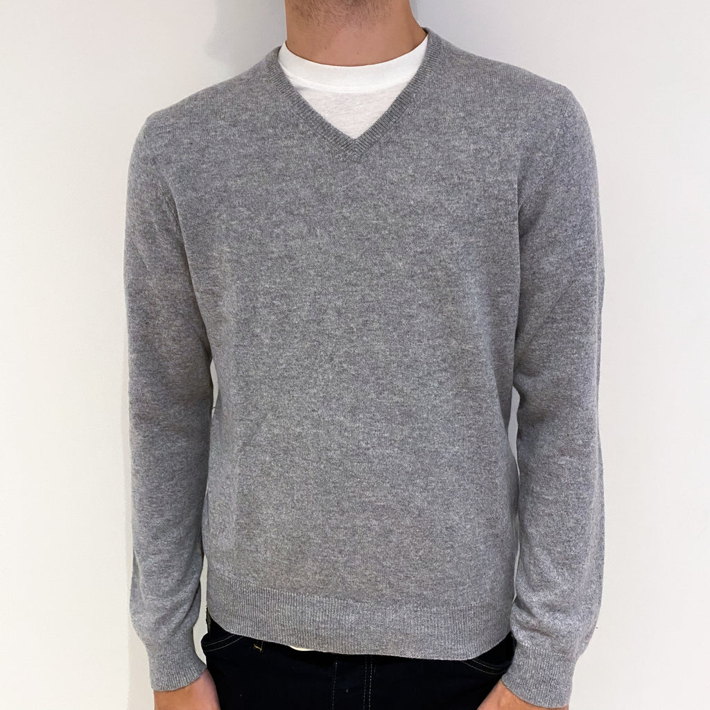 Men's Smoke Grey Cashmere V-Neck Jumper Medium