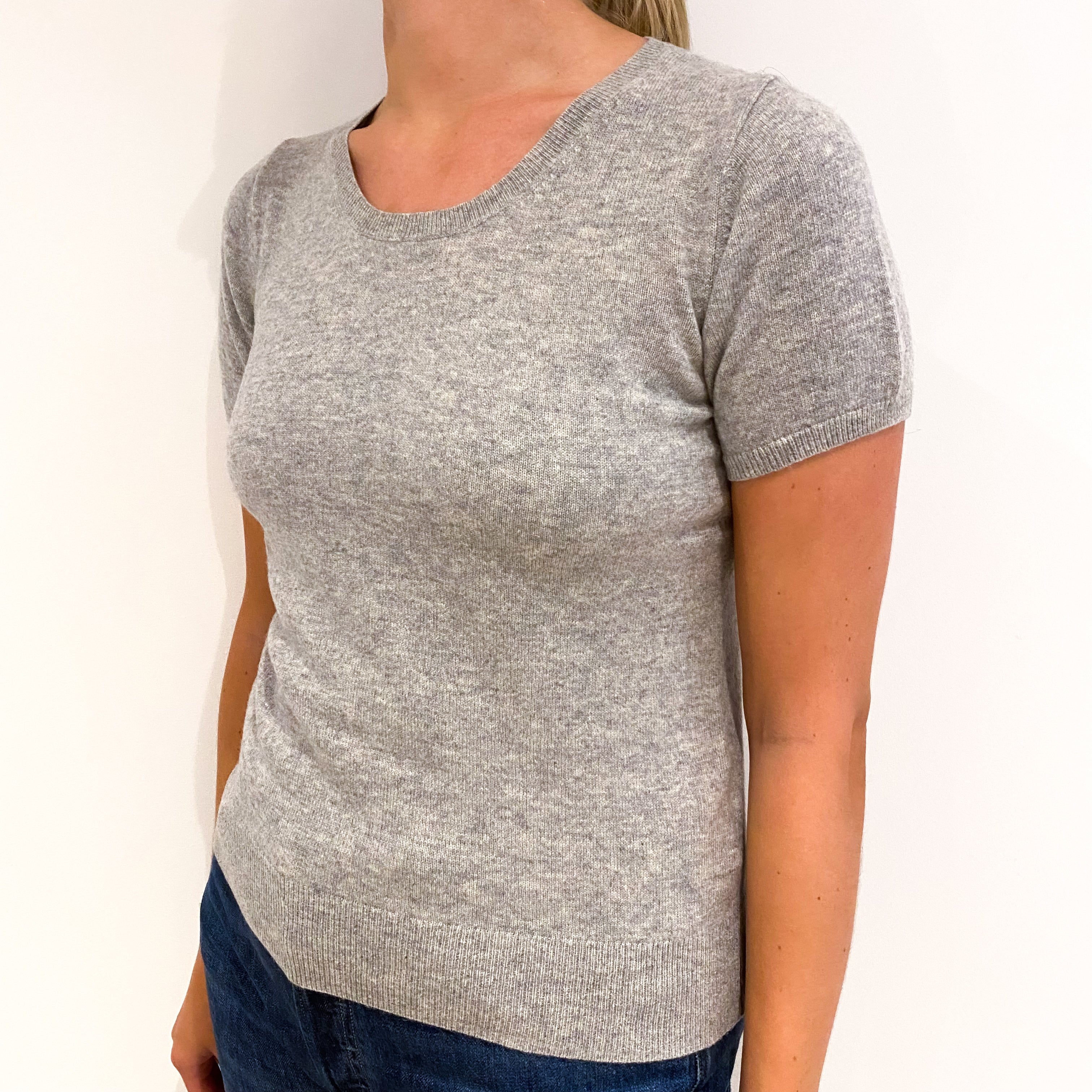 Smoke Grey Short Sleeved Cashmere V-Neck Jumper Small