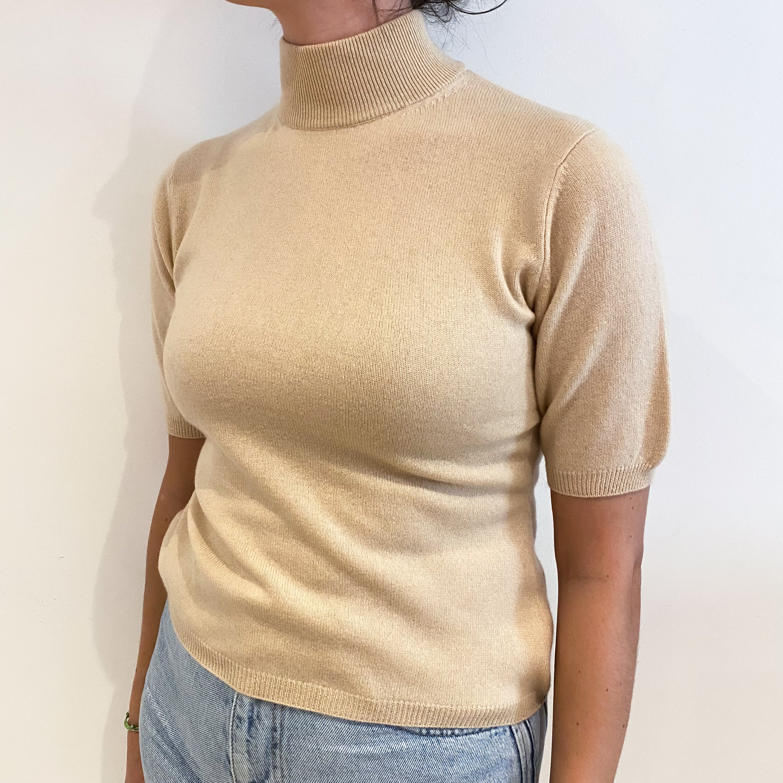 Beige Cashmere Turtle Neck Short Sleeved Jumper Small