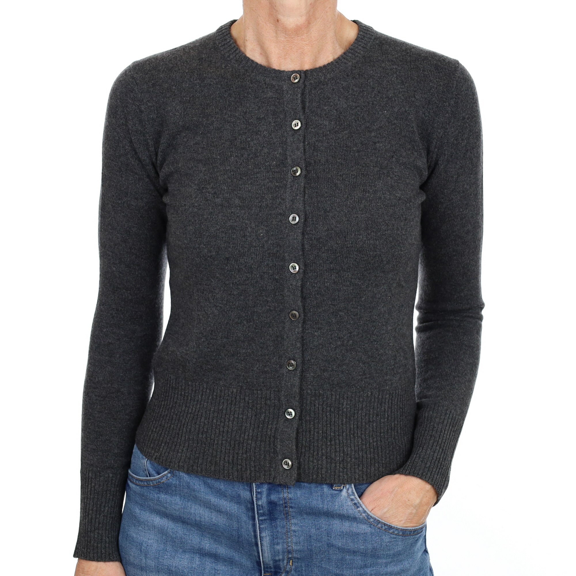New Charcoal Grey Cashmere Crew Neck Cardigan Small
