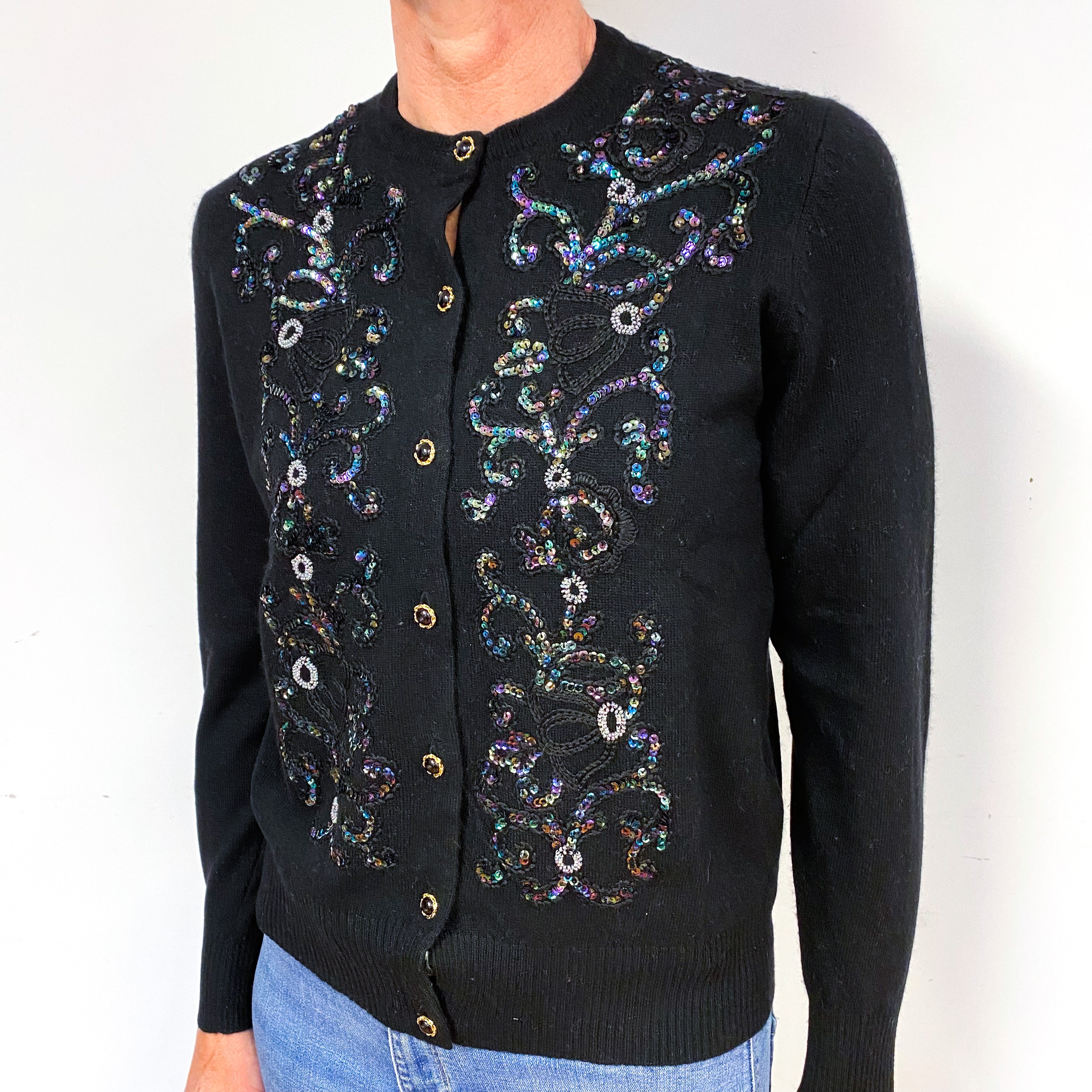 Black Pearlescent Sequin Cashmere Crew Neck Cardigan Medium