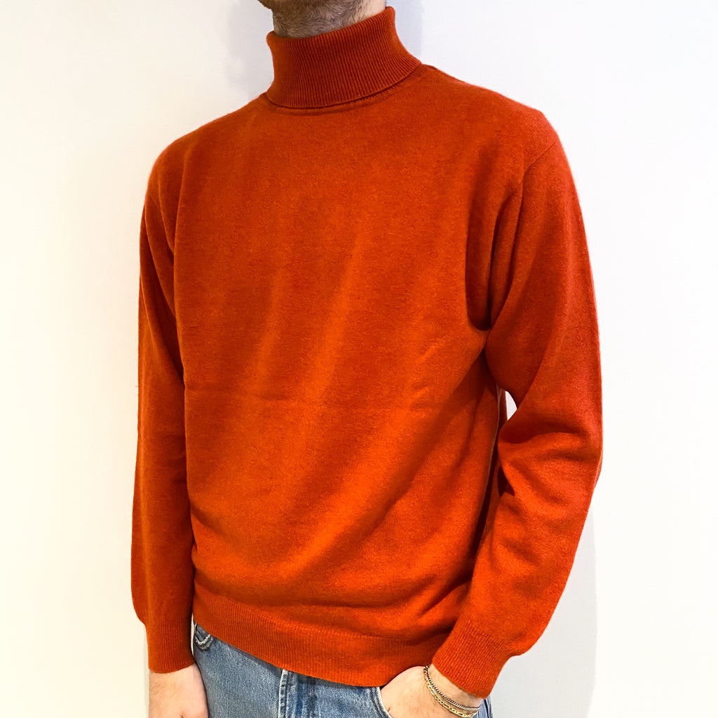 Men's Rust Orange Cashmere Polo Neck Jumper Large