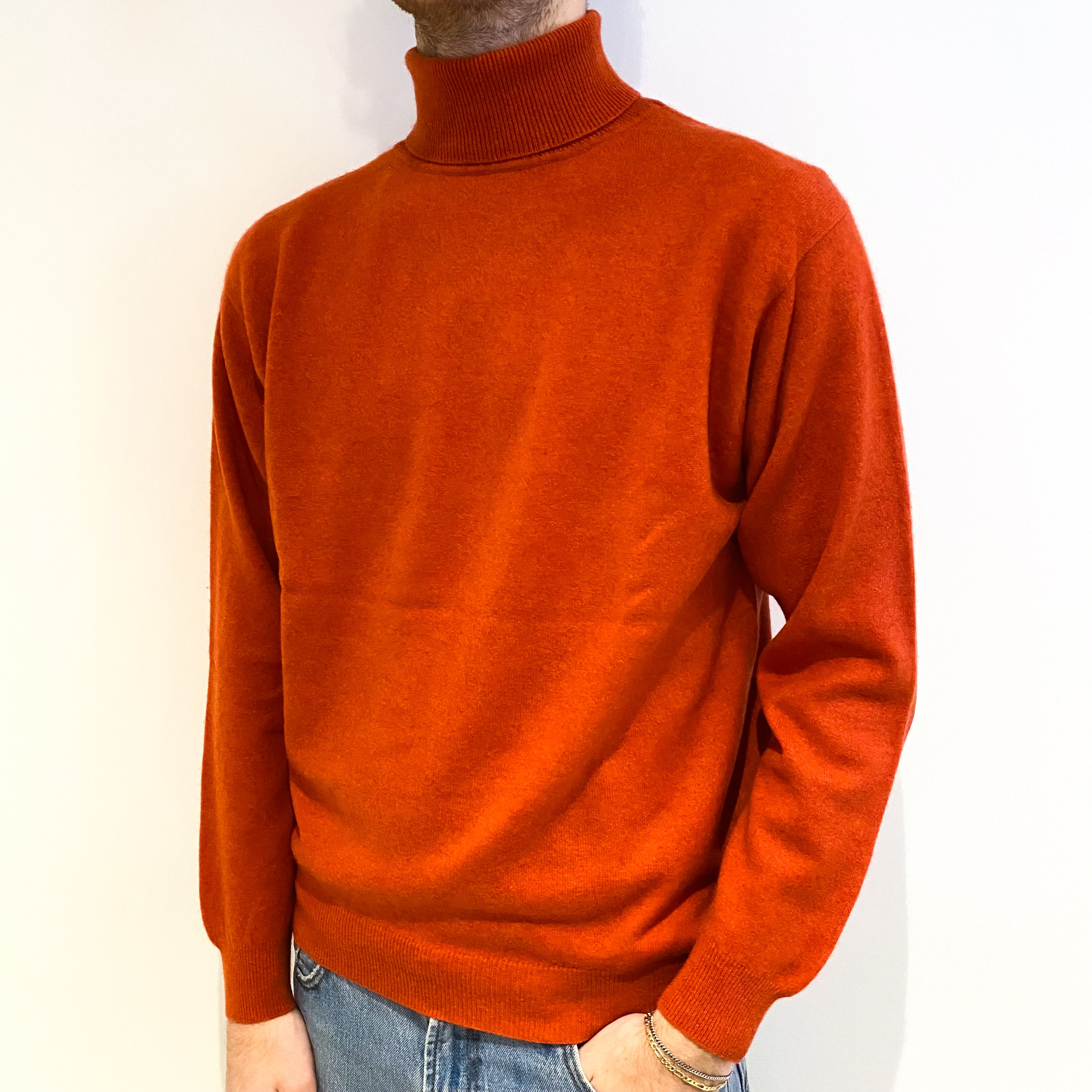 Men's Rust Orange Cashmere Polo Neck Jumper Large