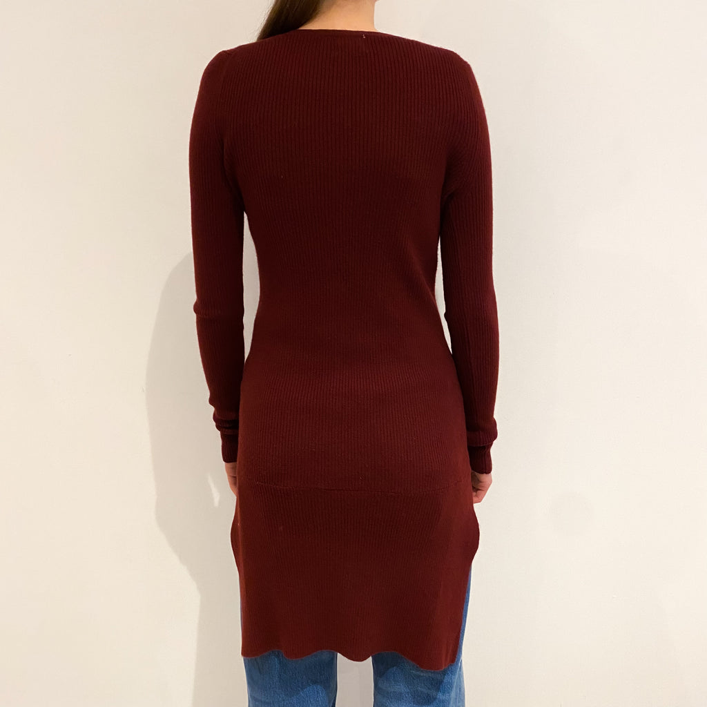Burgundy Red Dropped Hem Cashmere V Neck Cardigan Extra Small