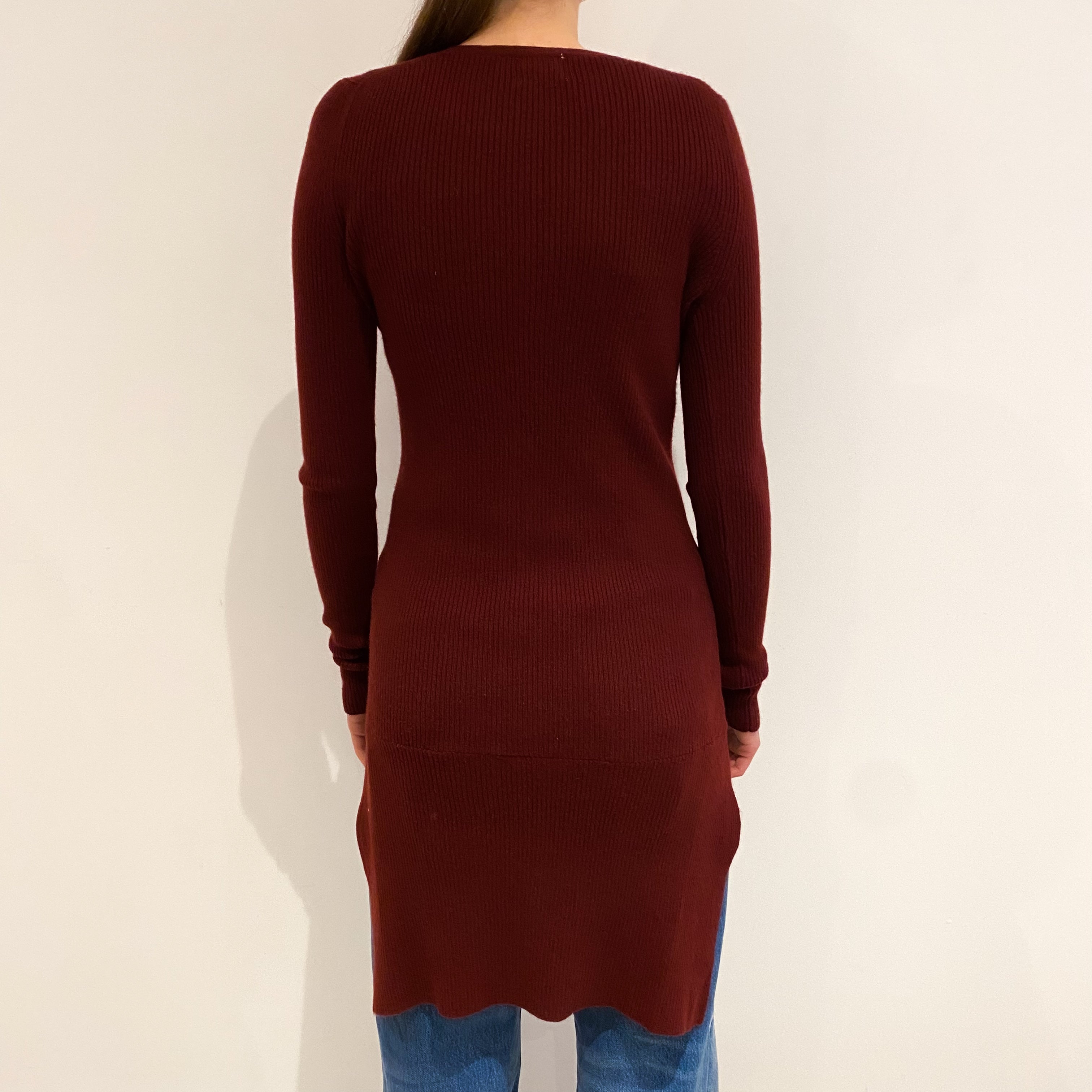 Burgundy Red Dropped Hem Cashmere V Neck Cardigan Extra Small