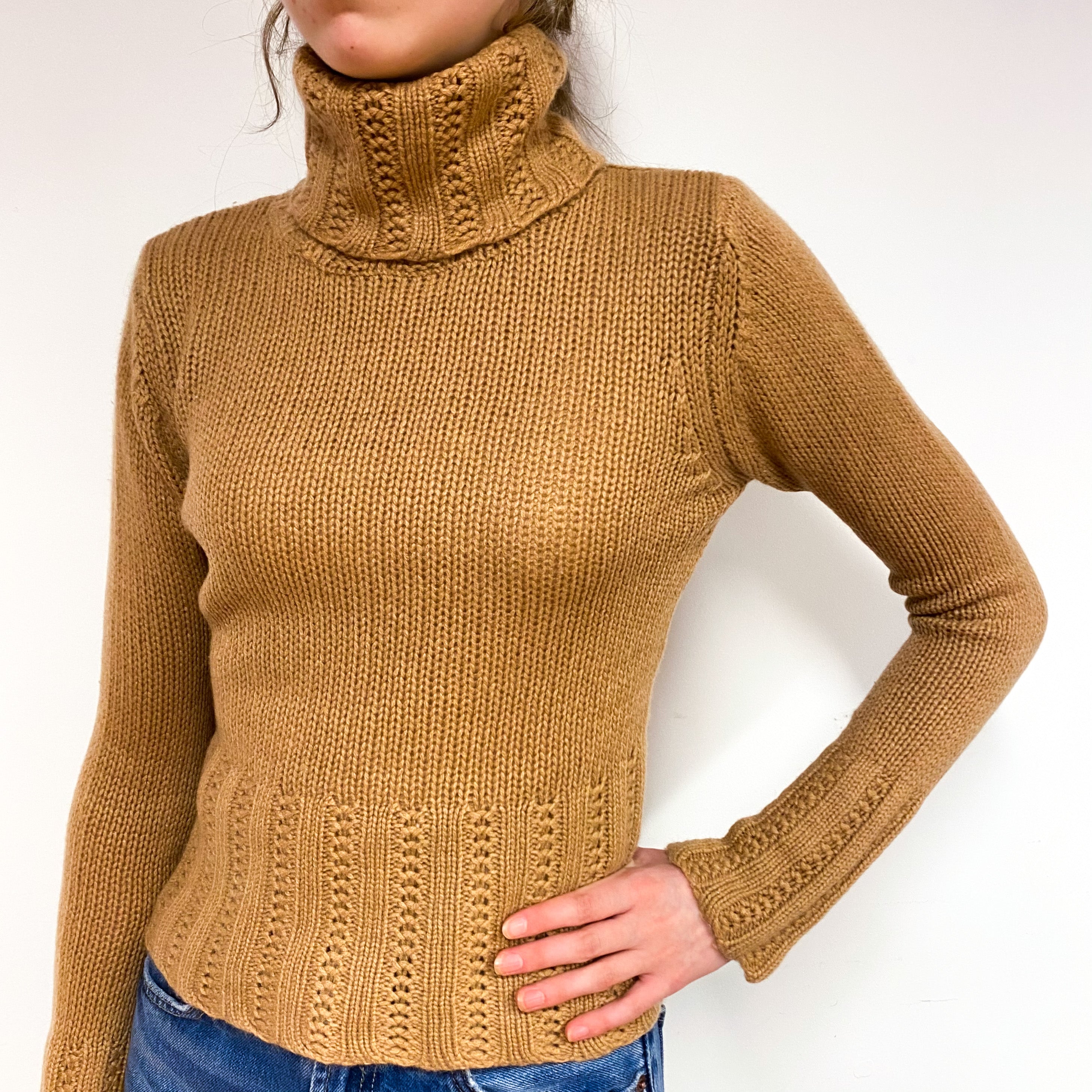 Butterscotch Brown Chunky Cashmere Polo Neck Jumper Extra Small