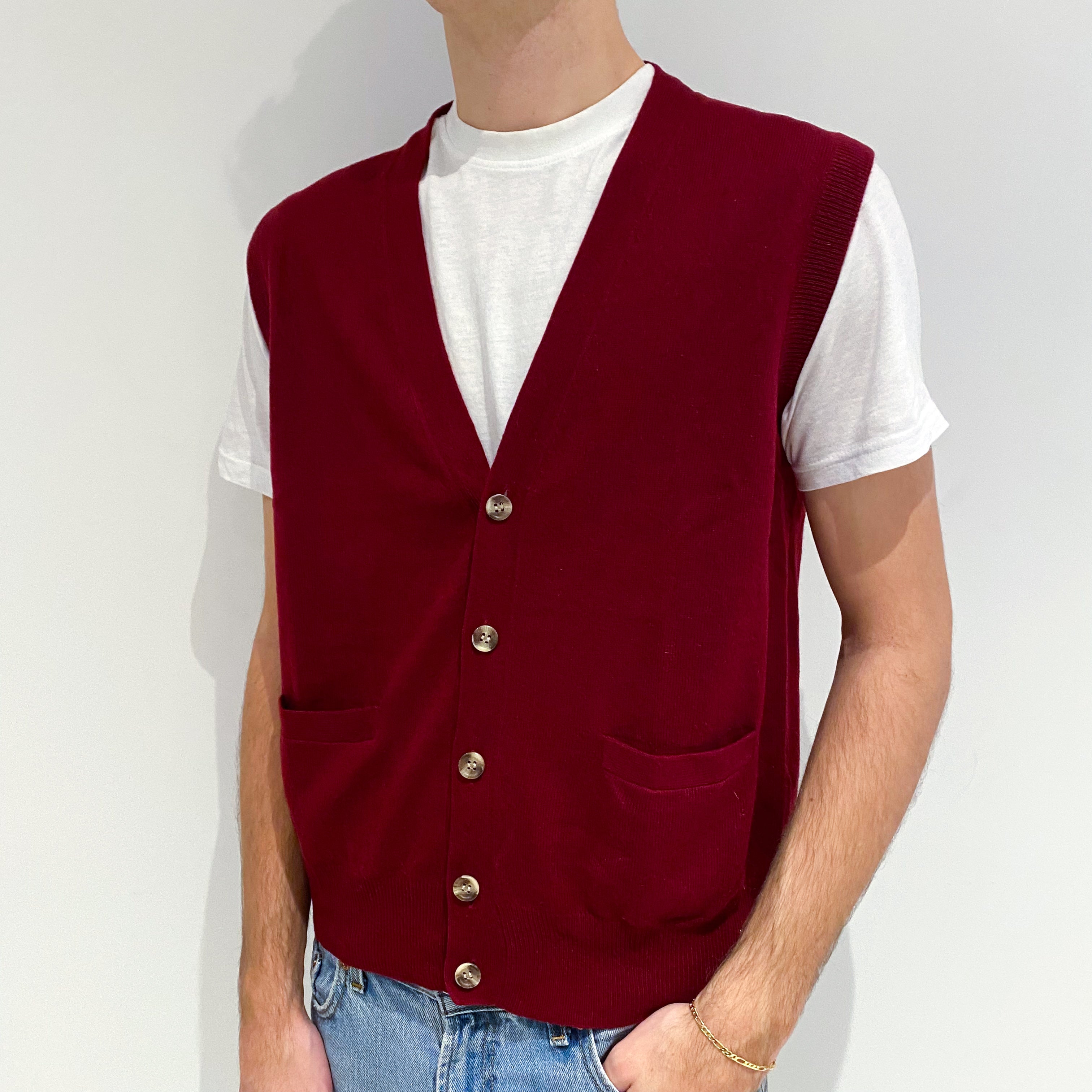 Men's Claret Red Cashmere V-Neck Waist Coat with Pockets Large