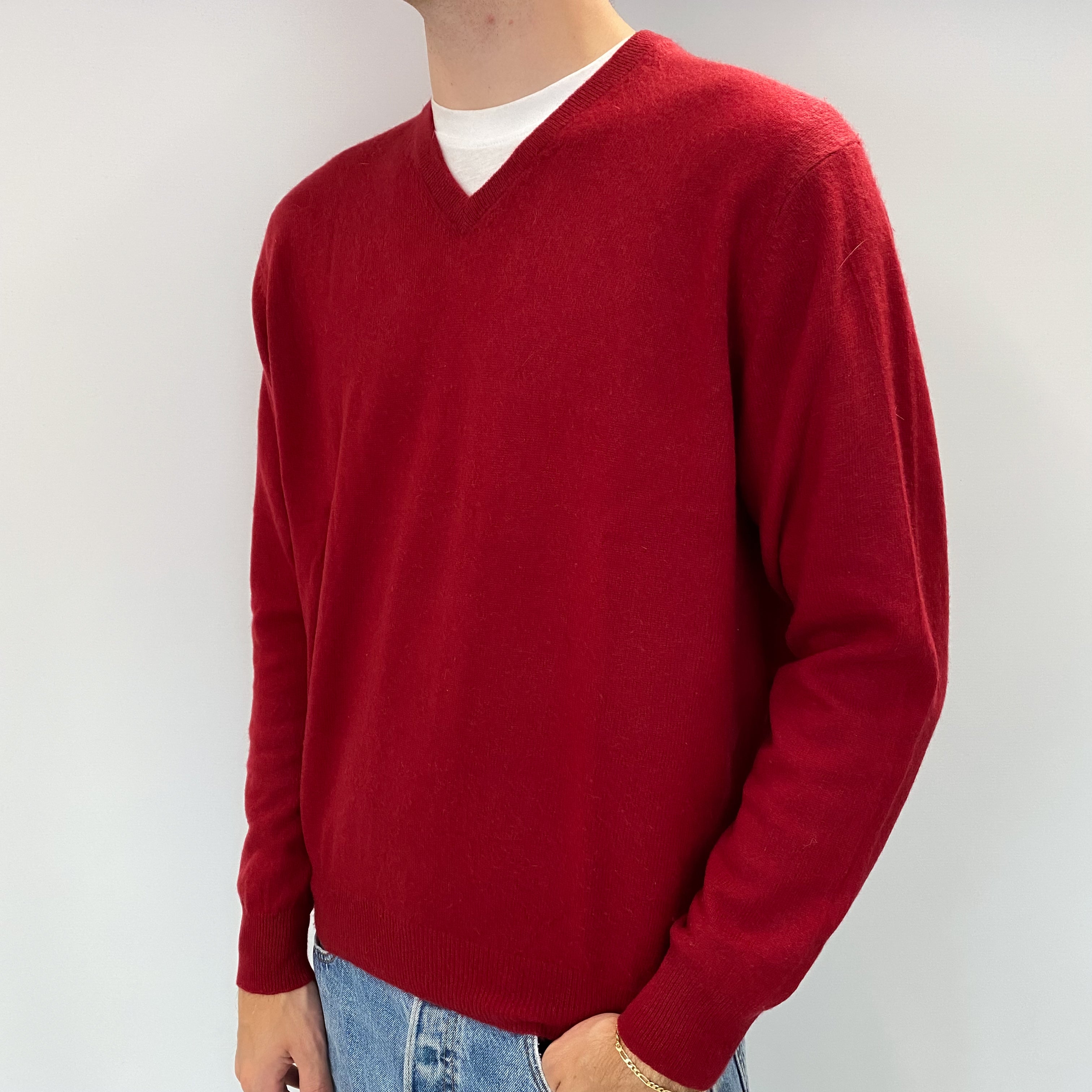 Men's Post Box Red Cashmere V Neck Jumper Large