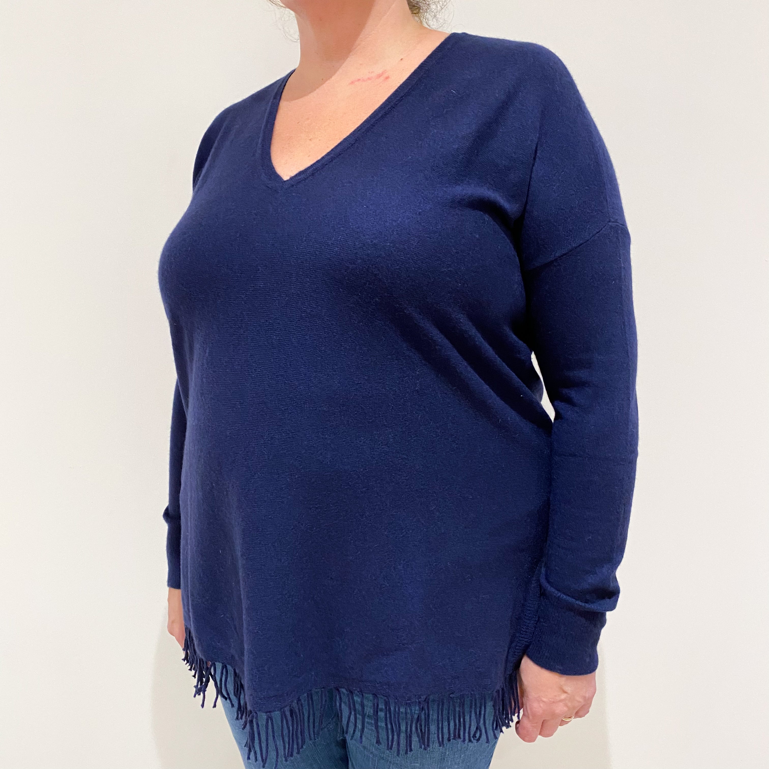 Midnight Navy Blue Cashmere Fringed V-Neck Jumper Extra Large