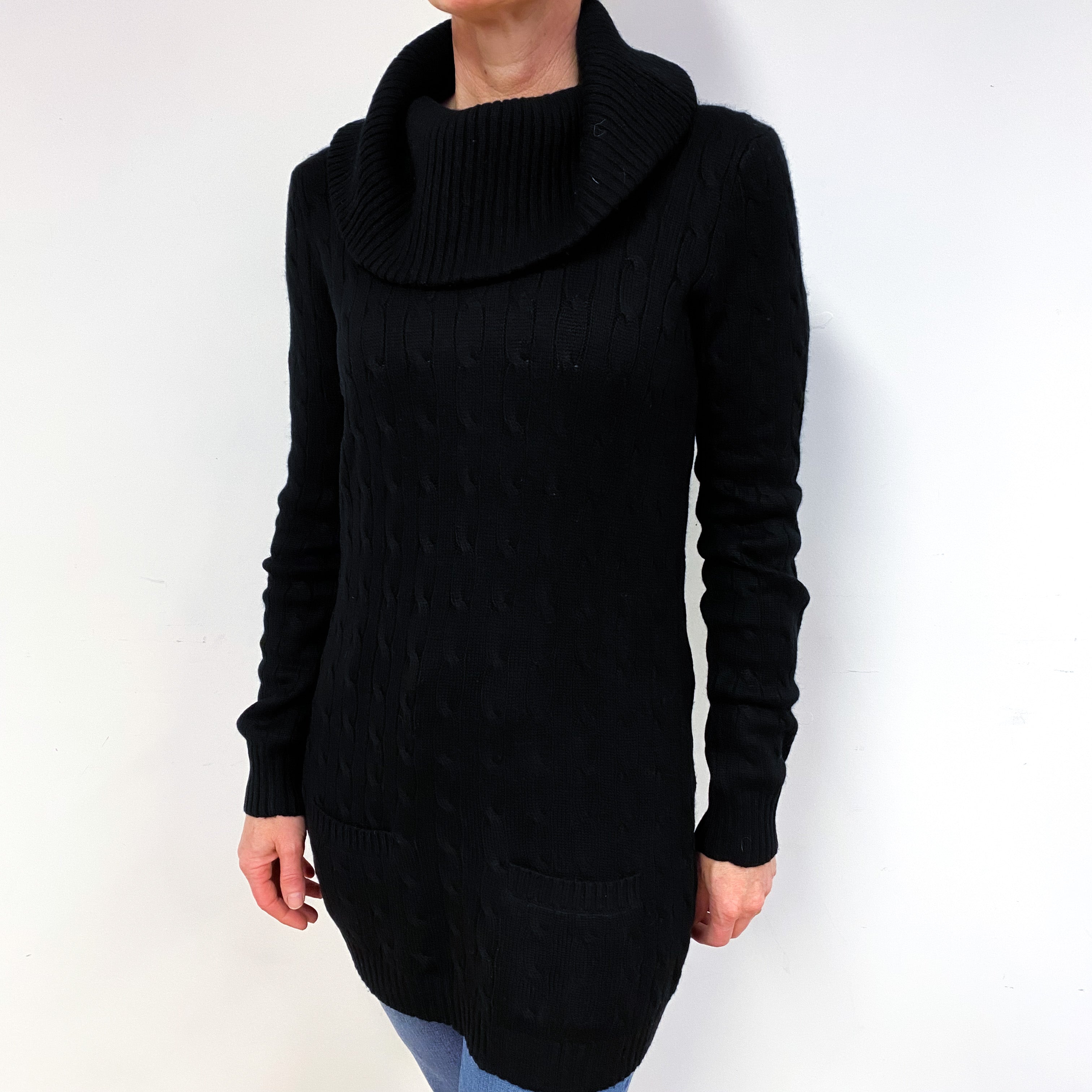 Ralph Lauren Black Cable Knit Cashmere Polo Neck Jumper Medium