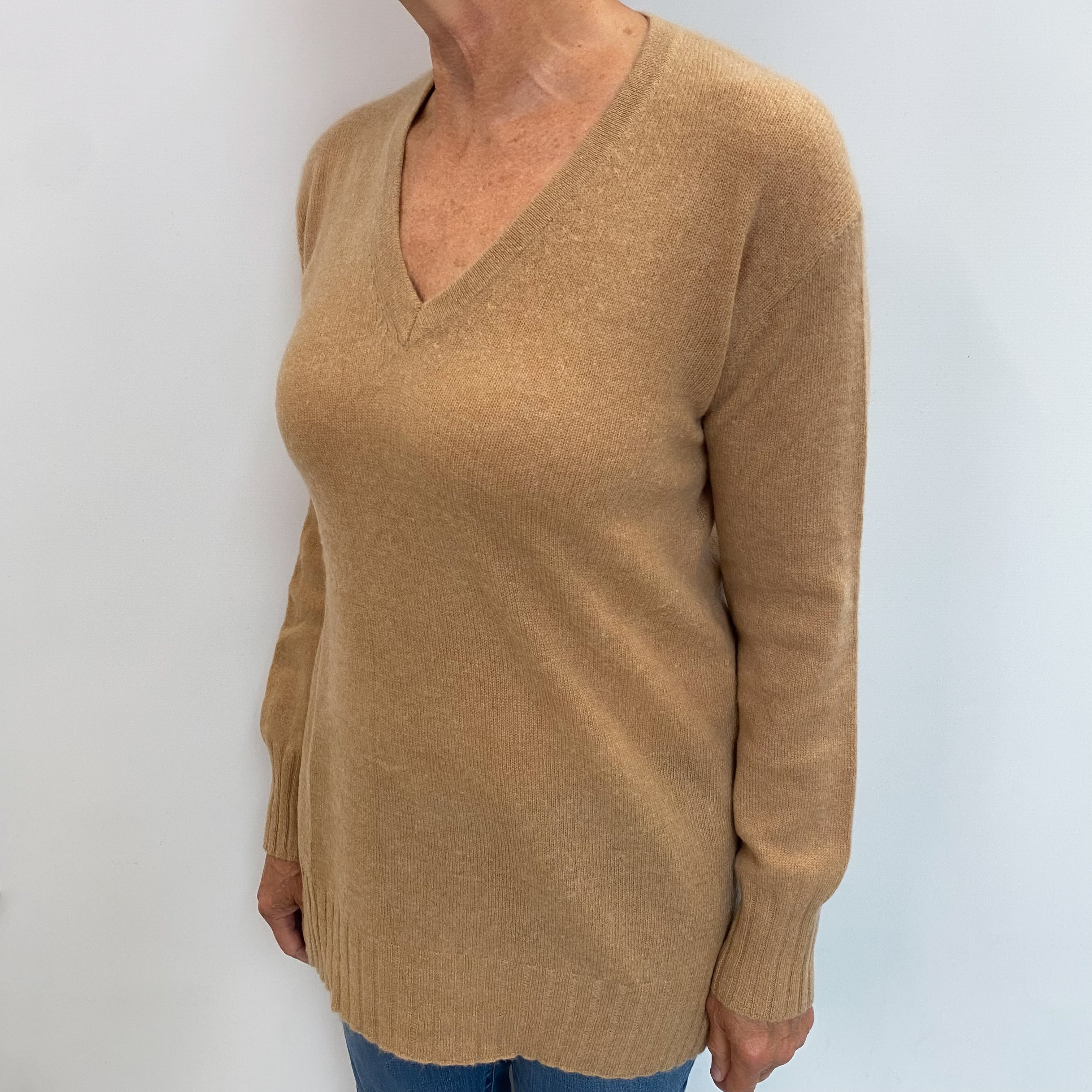 Camel Brown Cashmere V Neck Jumper Medium