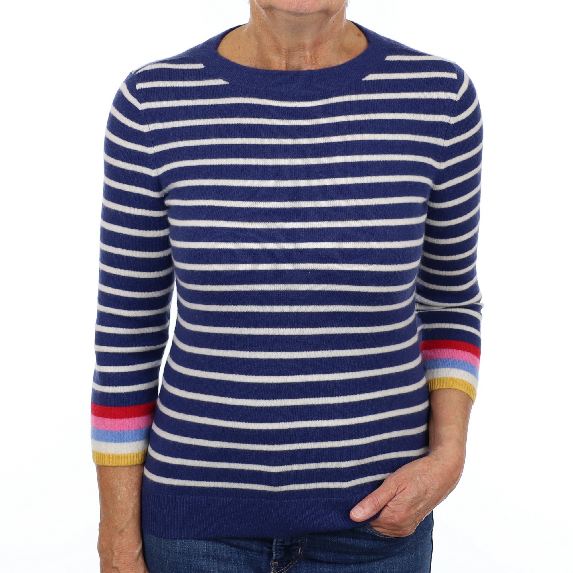 Blue and Cream Striped Cashmere Crew Neck Jumper Medium