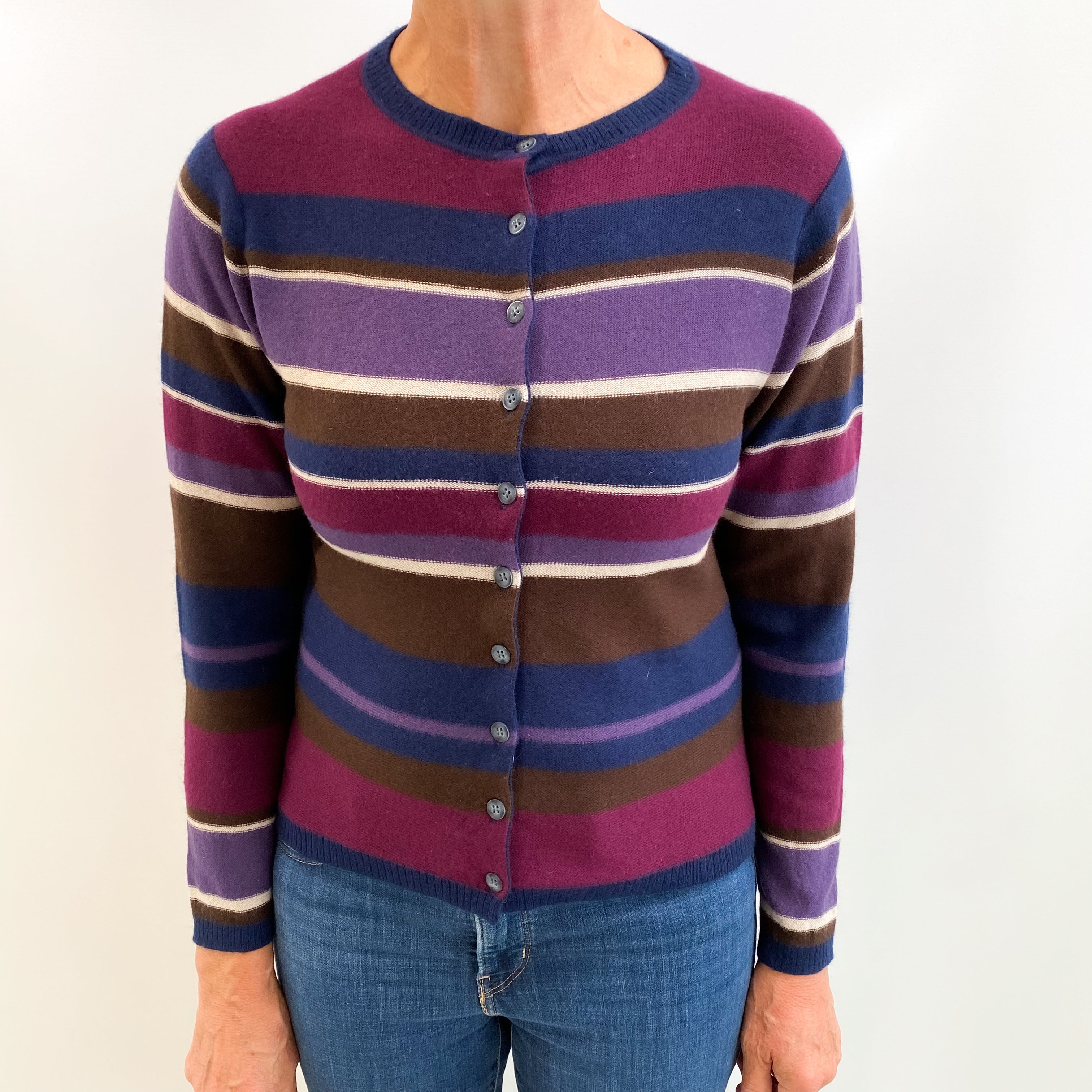 Blue and Purple Striped Cashmere V Neck Jumper Medium