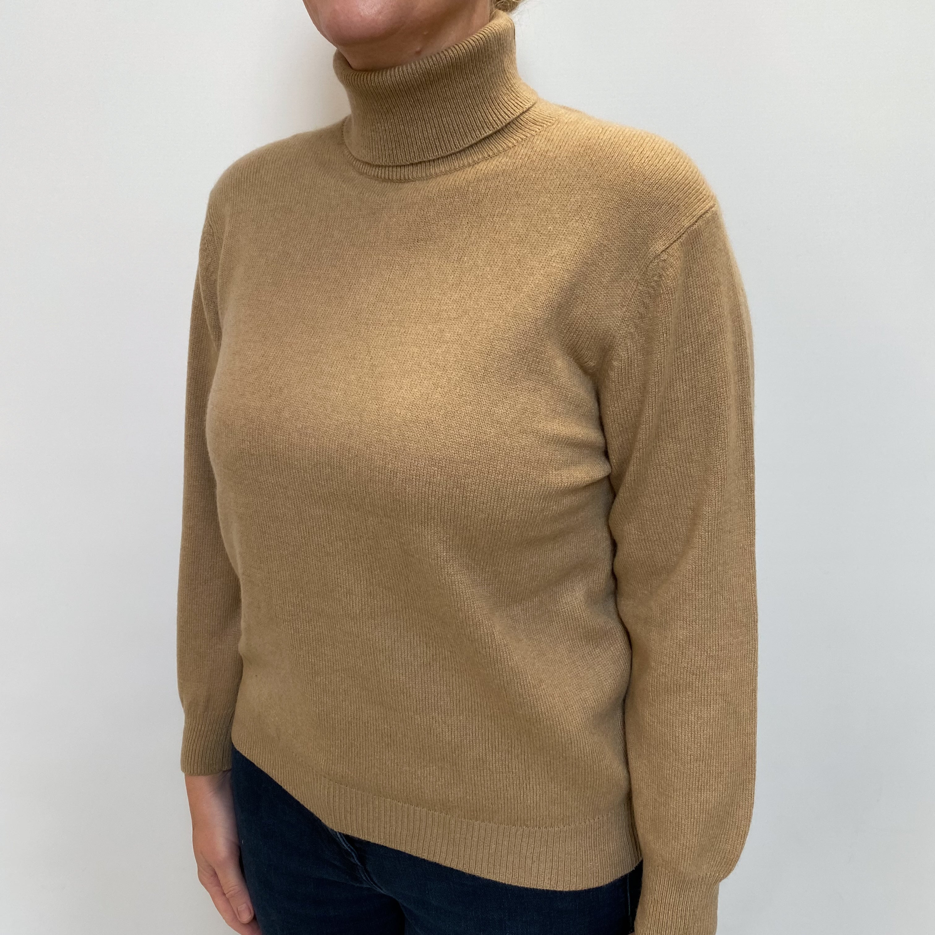 Camel Brown Cashmere Polo Neck Jumper Large